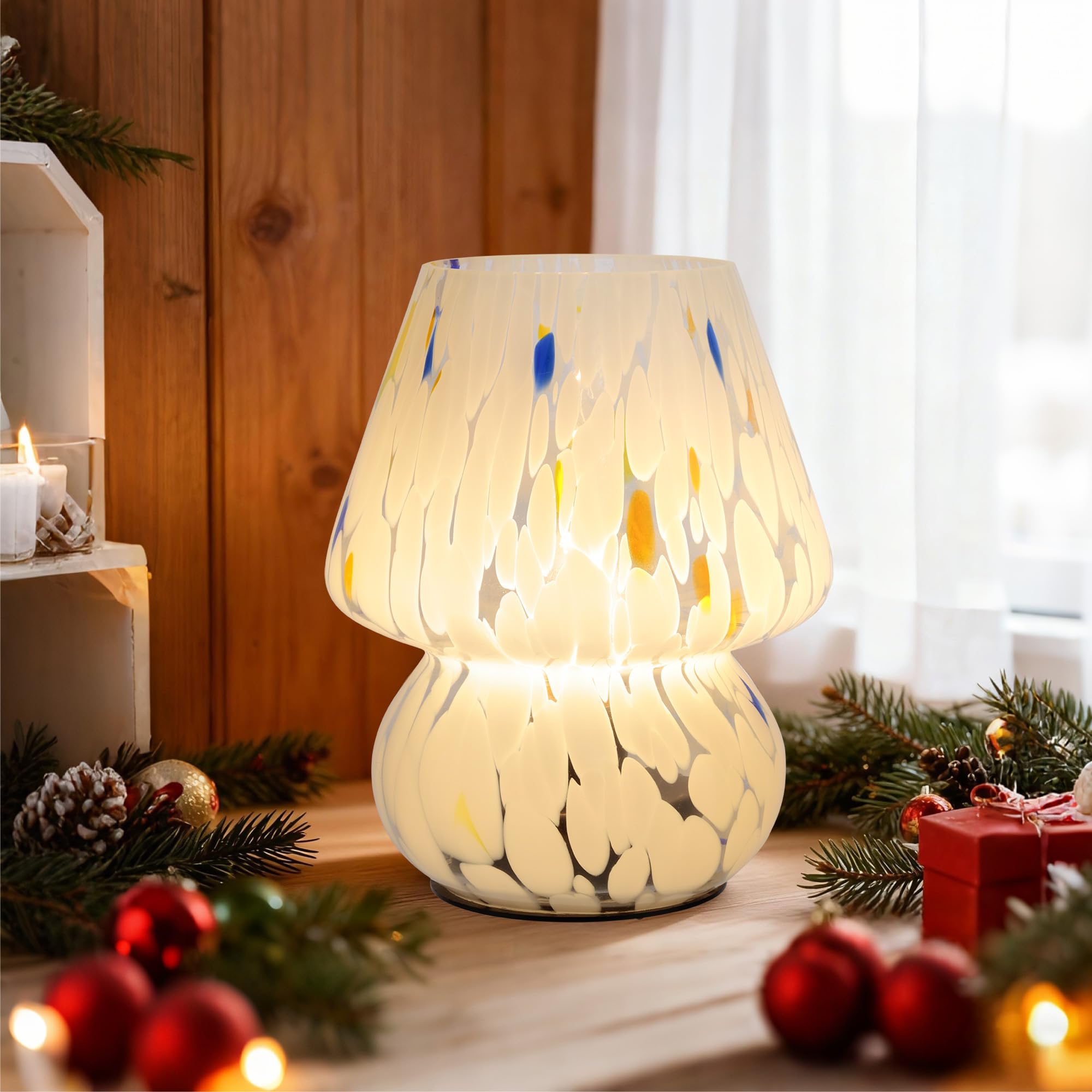 ULAROOM Cordless Mushroom Lamp-Modern Small Battery Operated Table Lamp with Timer for Home Decor Aesthetic Glass Battery Powered Lamp for Bedroom/Kitchen/Living Room/Shelf Decor(White&Blue)