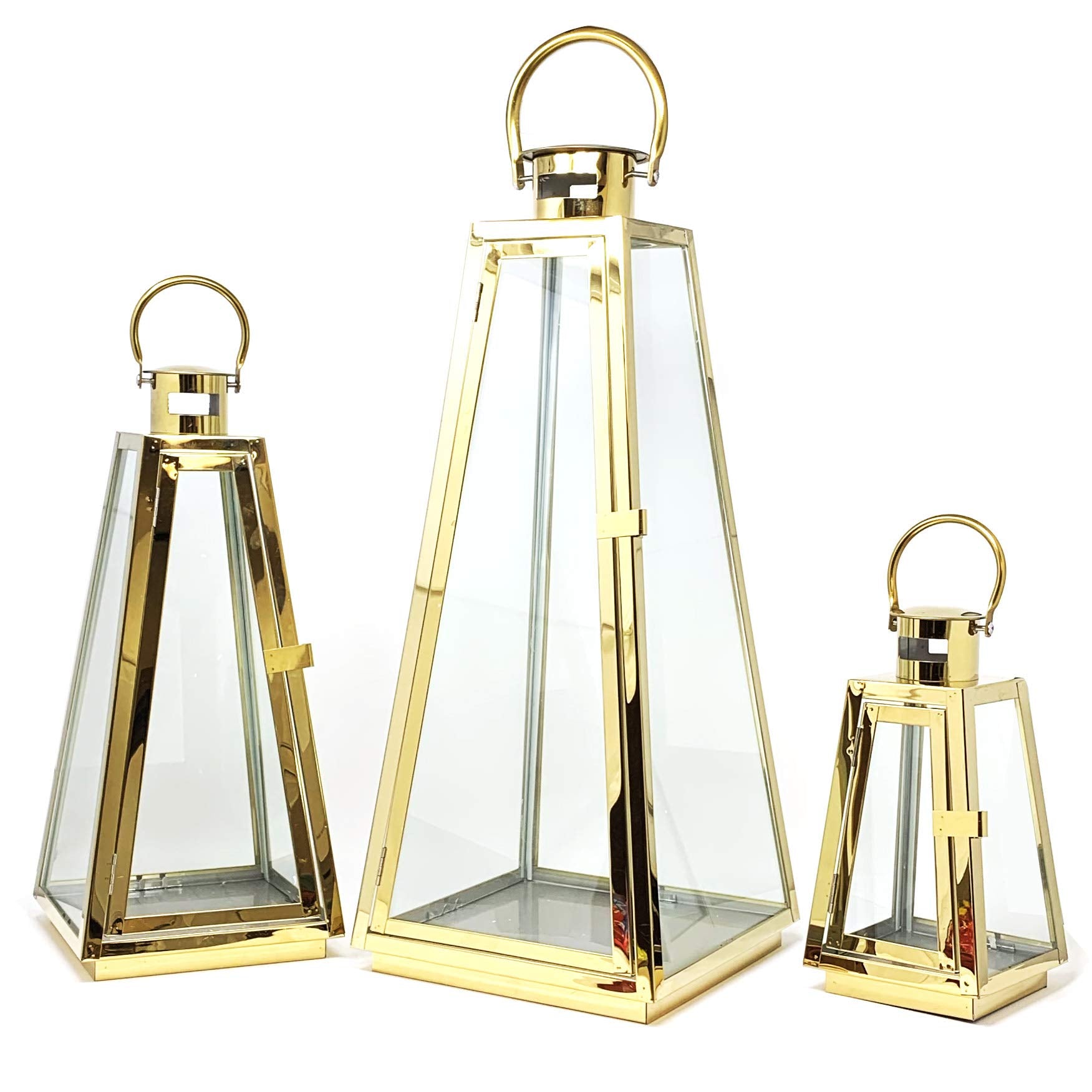 Allgala 3-PC Lantern Set 24 Inch Jumbo Deluxe Modern Indoor/Outdoor Candle Lantern Set Gold Stainless Steel Tapered Trapezoid Fr