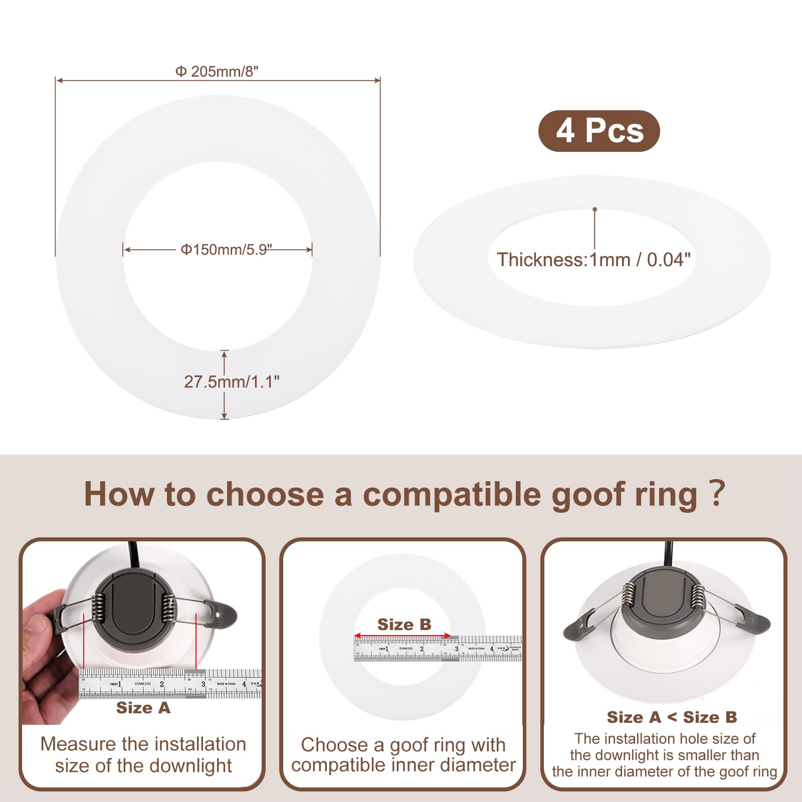 Awclub Black Goof Trim Ring For 5 Inch Recessed Cans Downlights For Ceiling Light Fixtures, 4 Pack 5.9-Inch Inner Diameter, 8-In