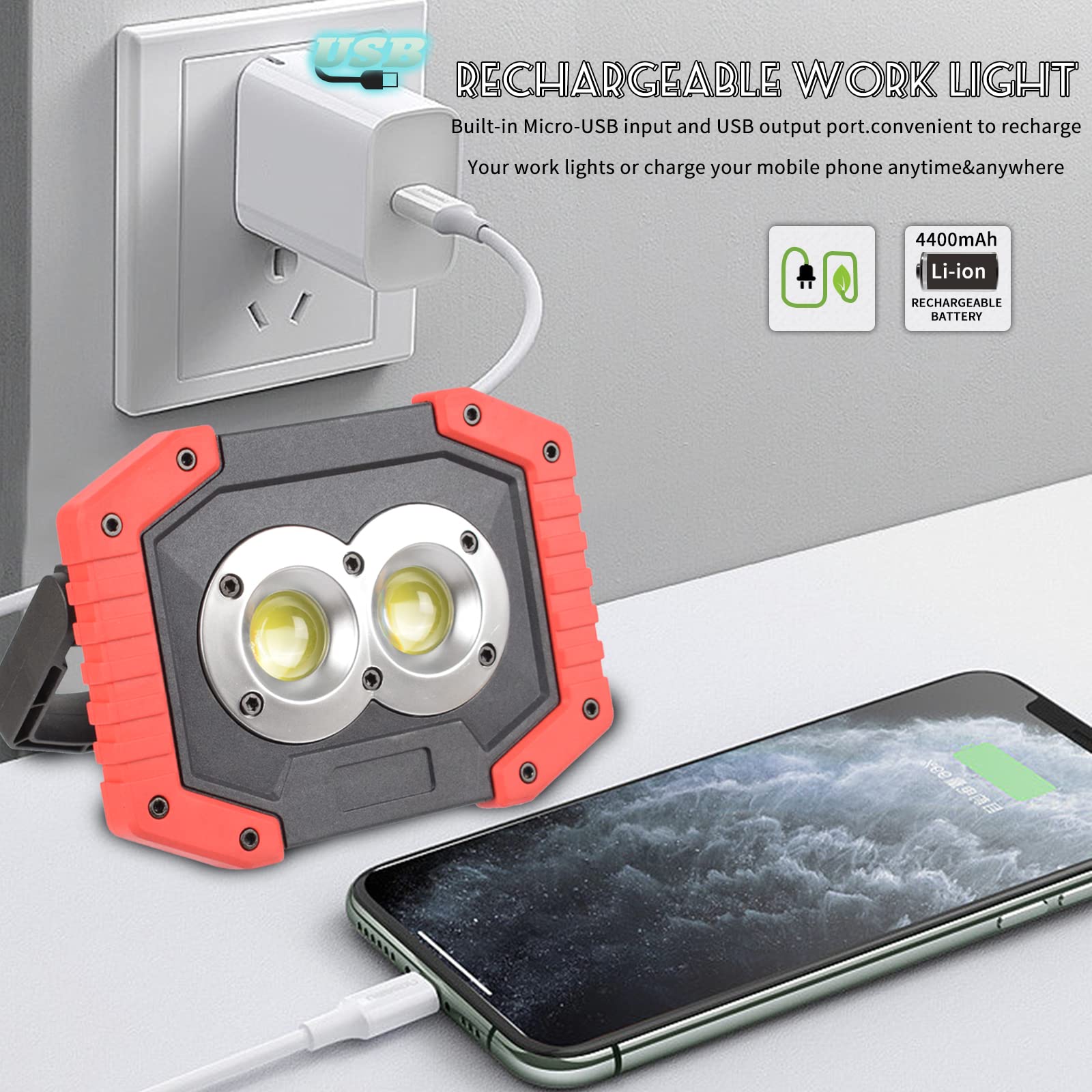 Otyty Work Light Rechargeable, Led Work Light Portable Flood Lights Magnetic Led Light For Outdoor Camping Hiking Emergency Car Repairing Job Site Lighting 2 Pack (W839 Red)