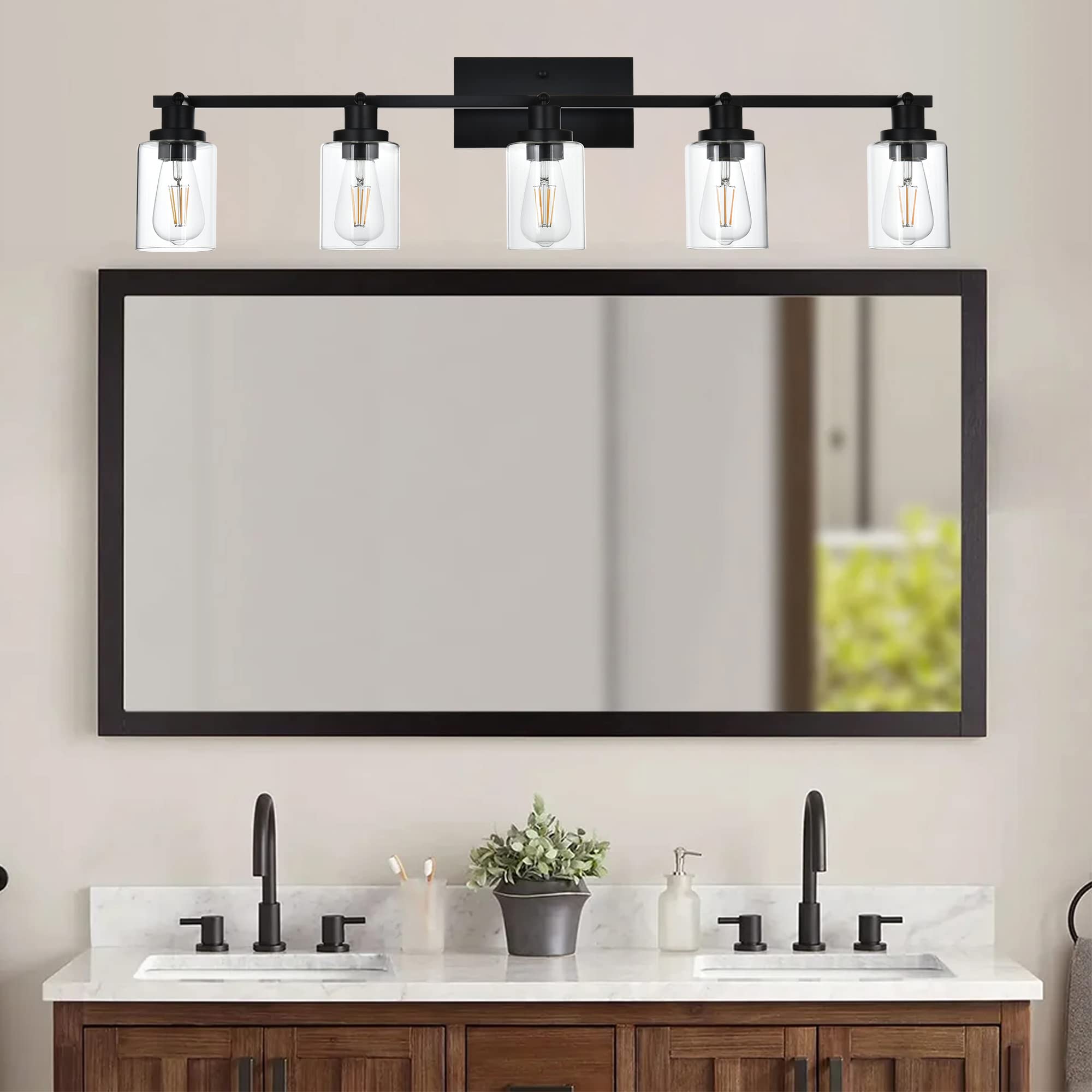 Melucee 5 Light Vanity Lights For Bathroom With Rotatable Light Head, Black Ceiling Light Fixture With Clear Glass Shade, Modern