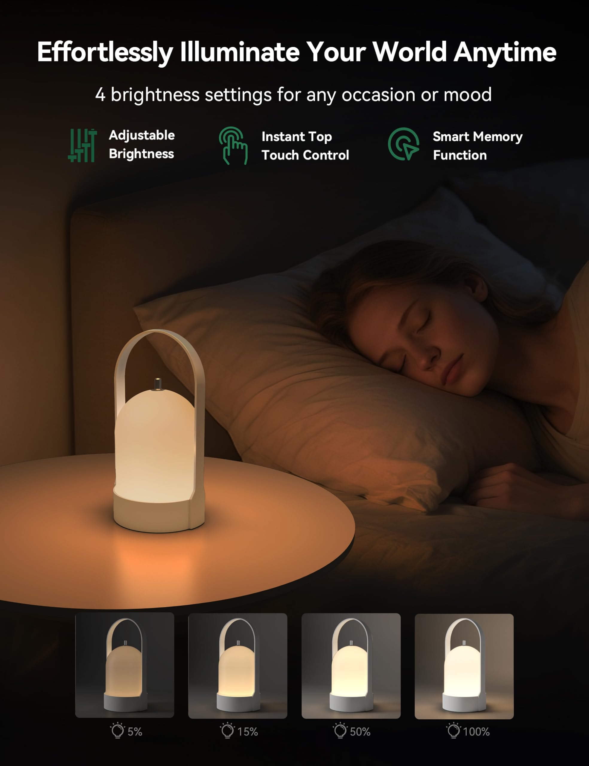 Tubicen Portable LED Lantern Table Lamp with Handle, Battery Operated Rechargeable Cordless Lamp for Table, 4-Level Touch Dimmab