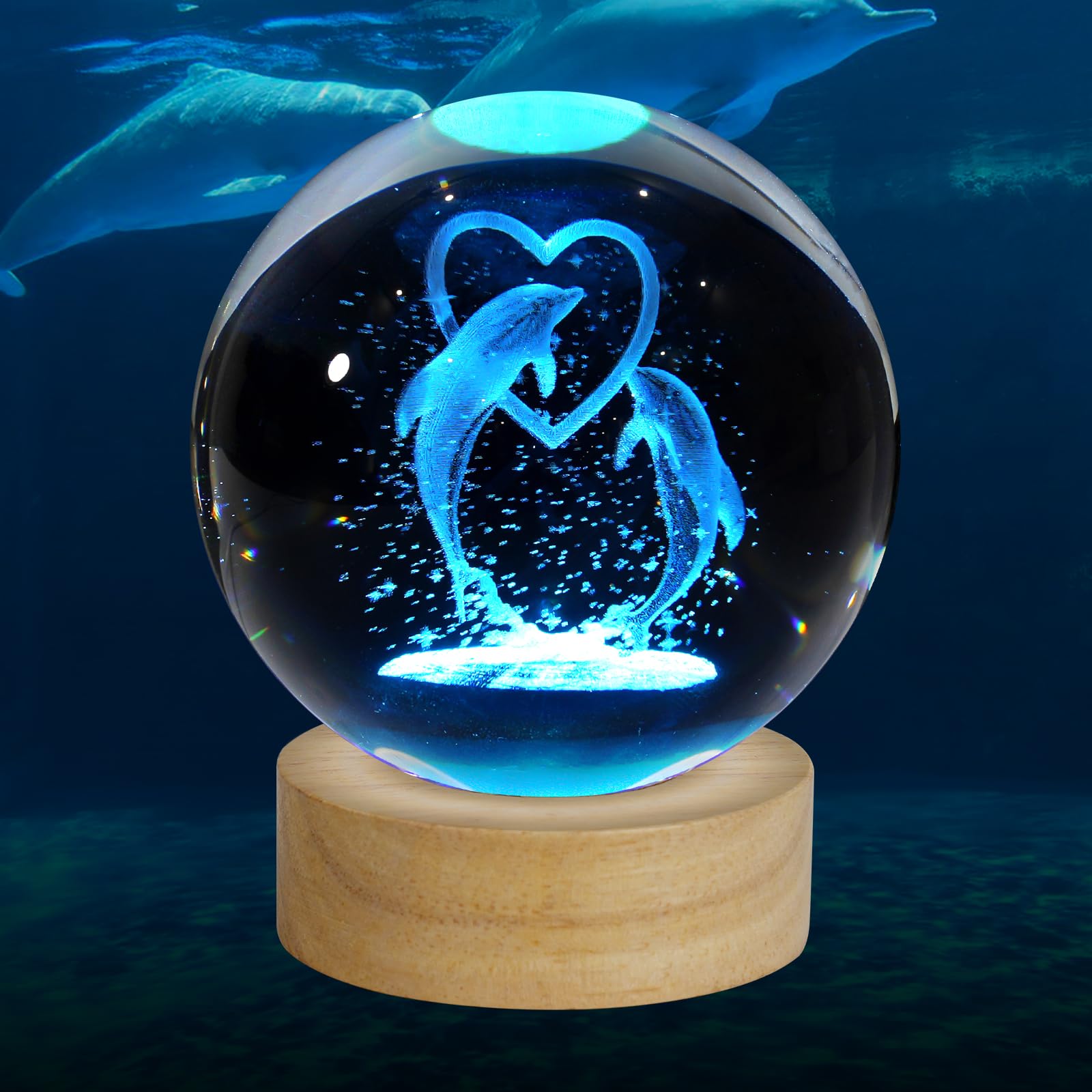 ZXBLAQ 3D Dolphin Crystal Ball Night Light, Upgraded 3.15 Inch Glass Ball Lamp with 16 Color LED Wooden Base, Dolphin Decor Birt