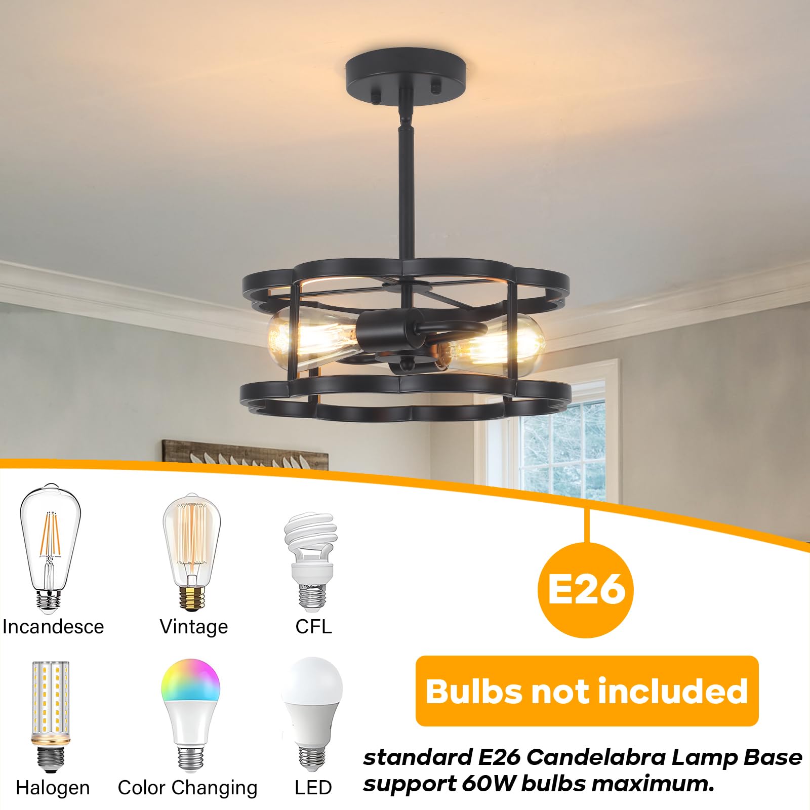 Semi Flush Mount Ceiling Light, Sloped Ceilings Lights Fixtures, Black Farmhouse Flower 2-Light Chandelier, Adjustable Height Me