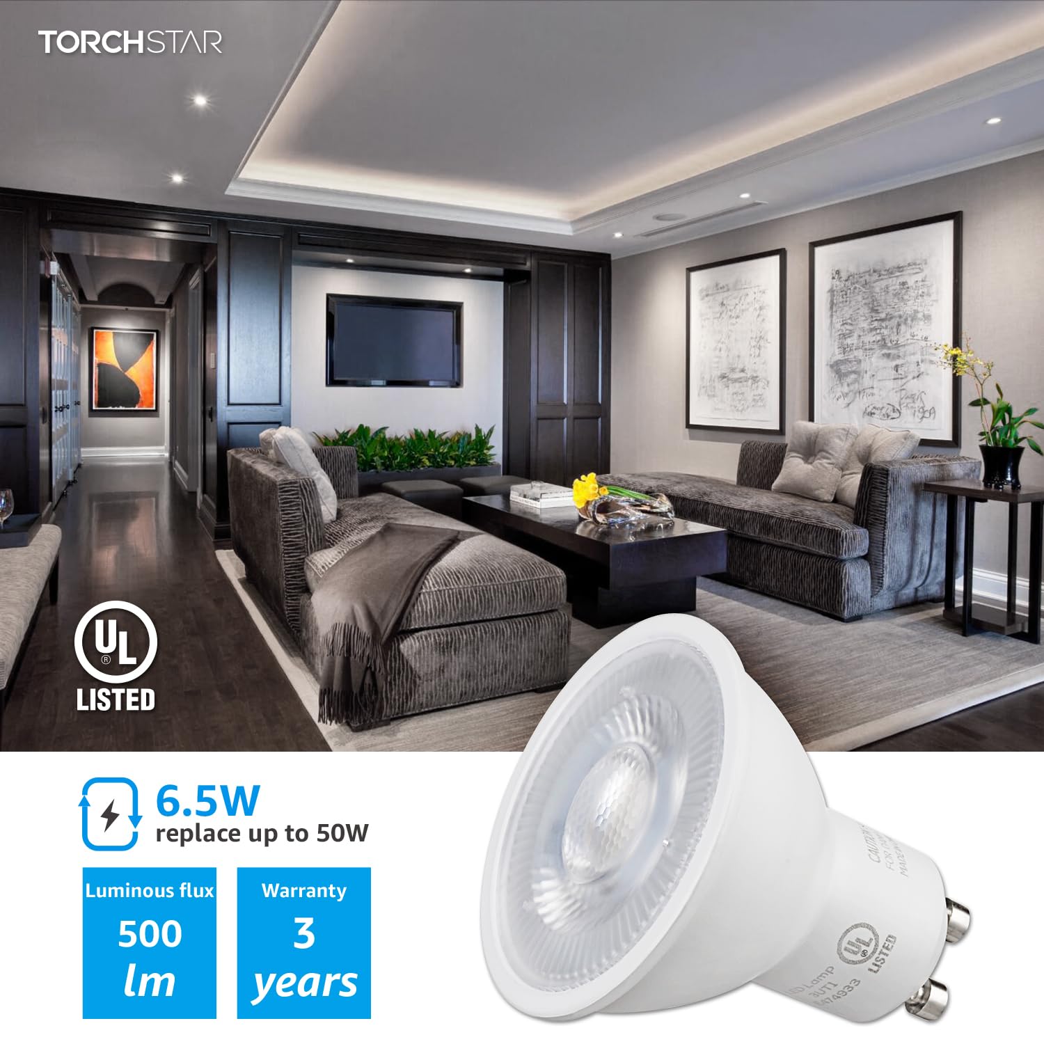 TORCHSTAR GU10 LED Bulbs Dimmable 500LM 50W Equivalent 4000K Cool White Pack of 6