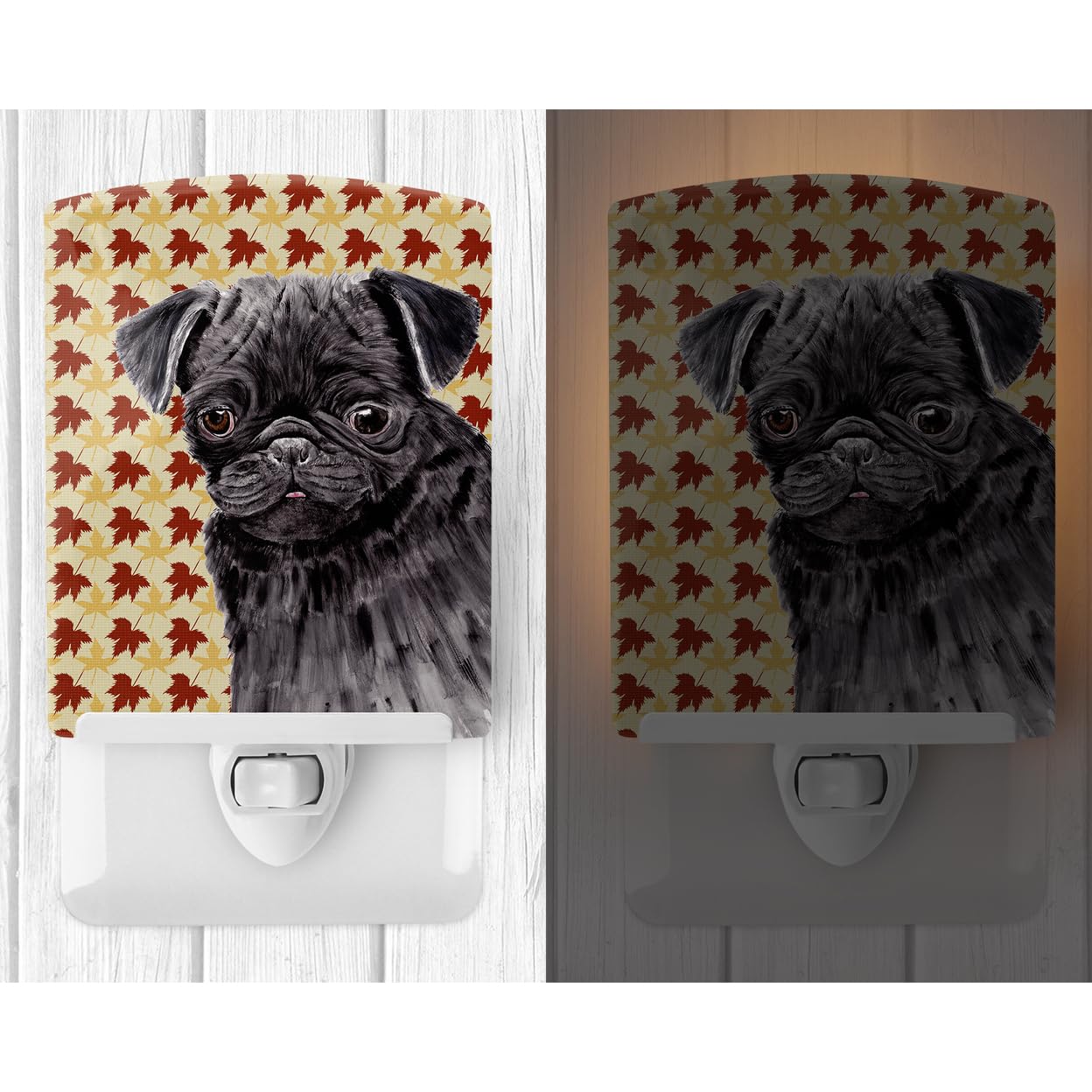 Carolines Treasures Ceramic Night Light, Pug Black Fall Leaves, UL-Certified, 6x4x3 inches, Multicolor, Model SC9206CNL