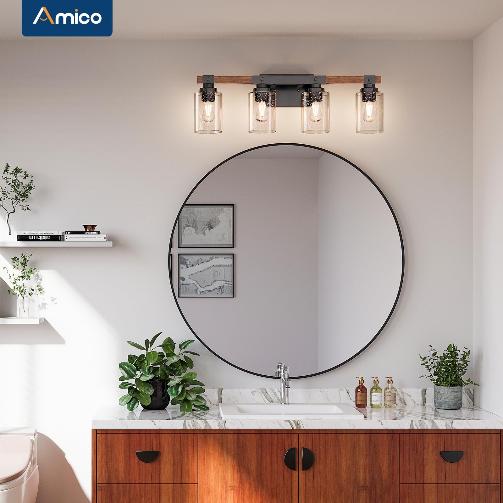 Amico 4-Light Rustic Bathroom Vanity Light Fixture, Black Industrial Wood Sconces with Bubble Glass Shade