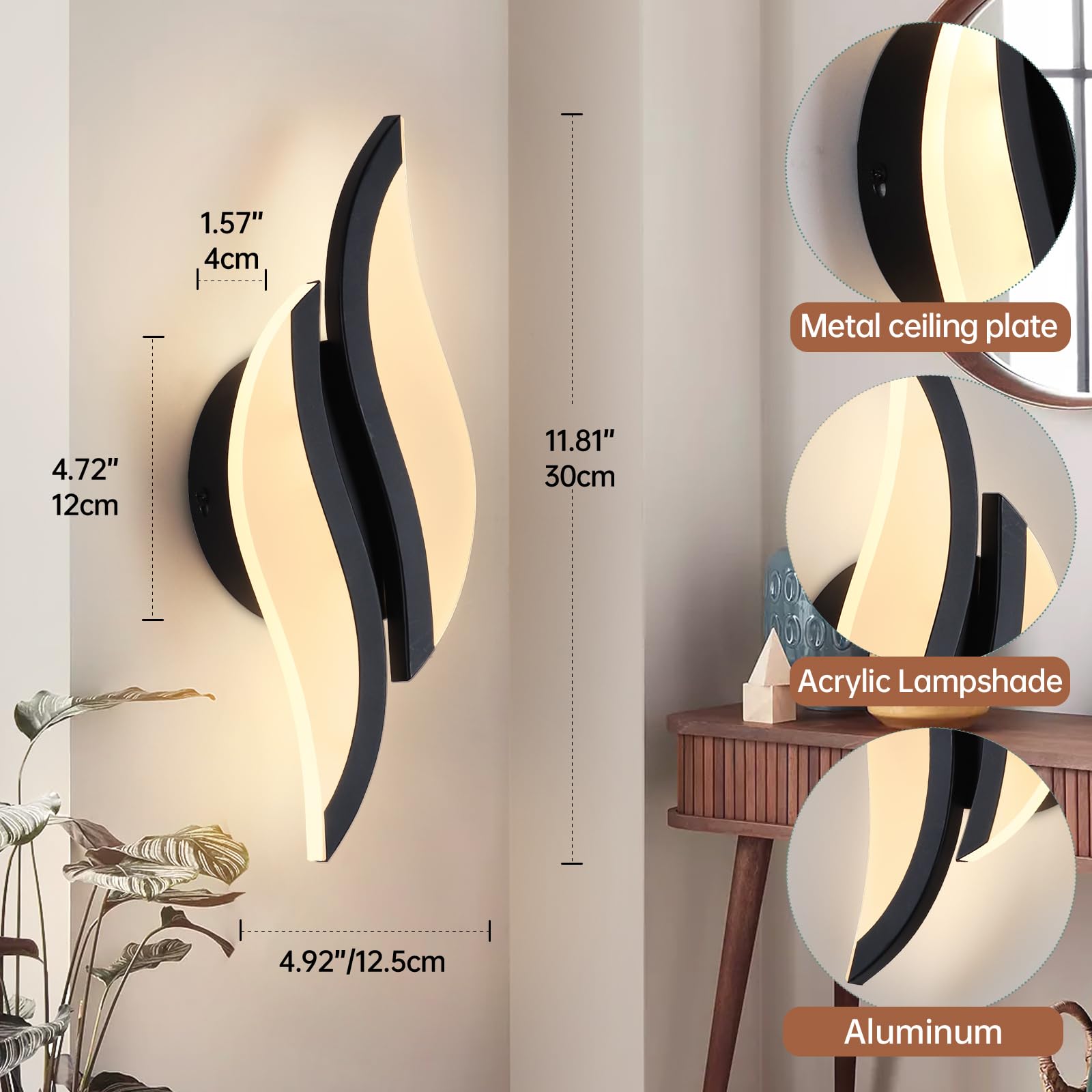 CANEOE LED Wall Sconce - Modern Acrylic Lighting Fixture, 3000K Warm White, Black, 1 Pack, Model WL-YZ-C, Ideal for Living Room & Hallway