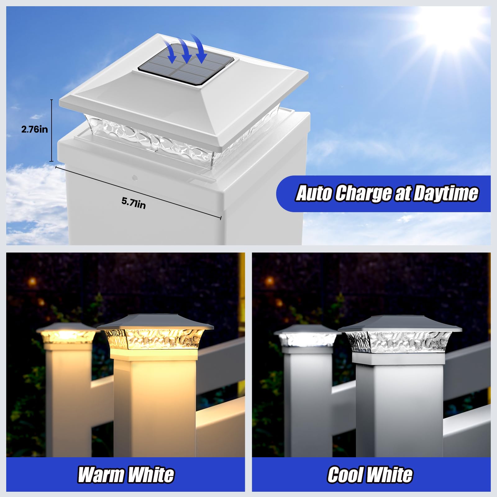 Aponuo 5X5 Solar Post Cap Lights White For Vinyl Fence,White Solar Post Cap Lights 2 Color Mode Outdoor Waterproof For Fence Pos