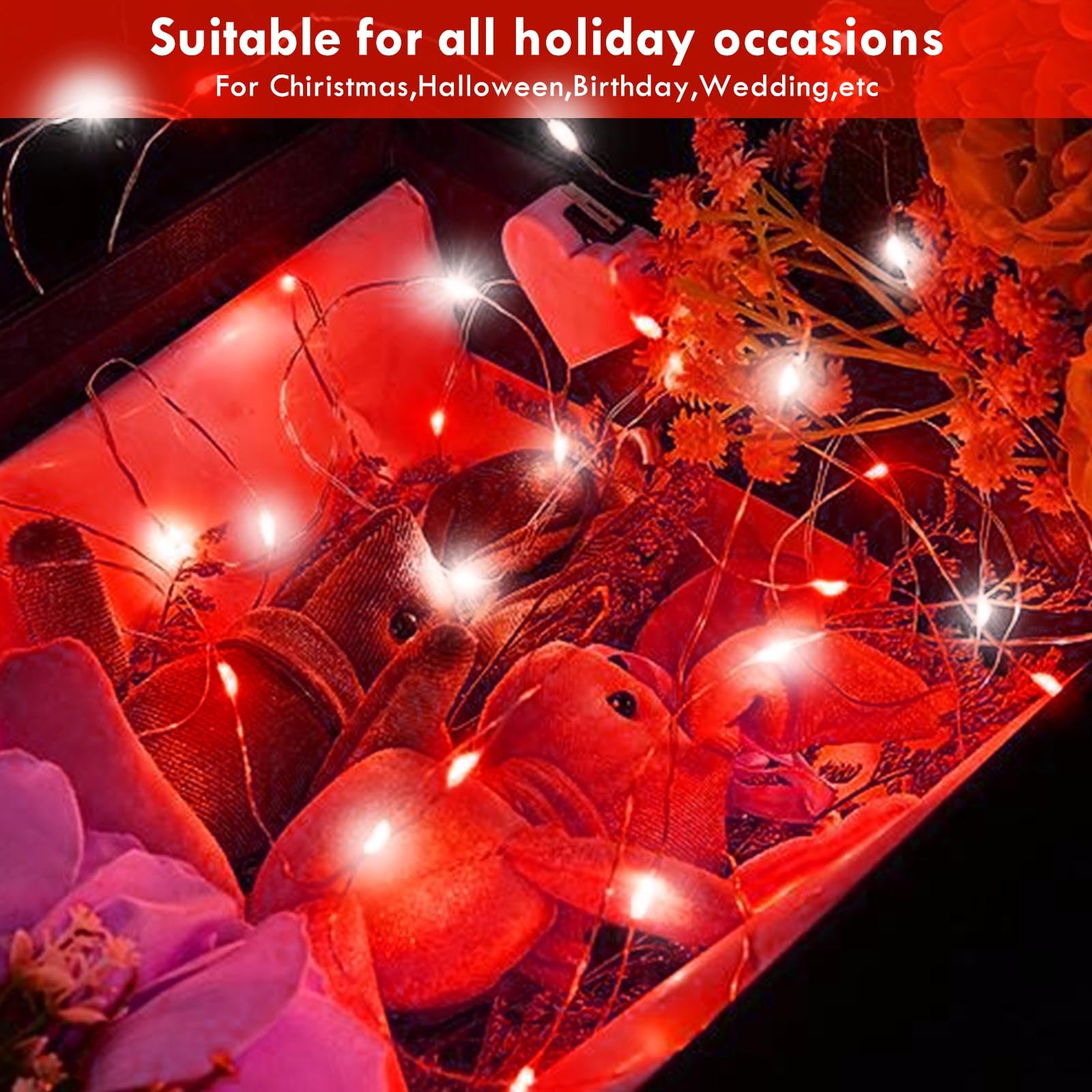 YIQU 3 Pack Fairy Lights, 26 FT 80 LED String Lights, Battery Operated with Remote Control Timer, Red & White, Indoor/Outdoor