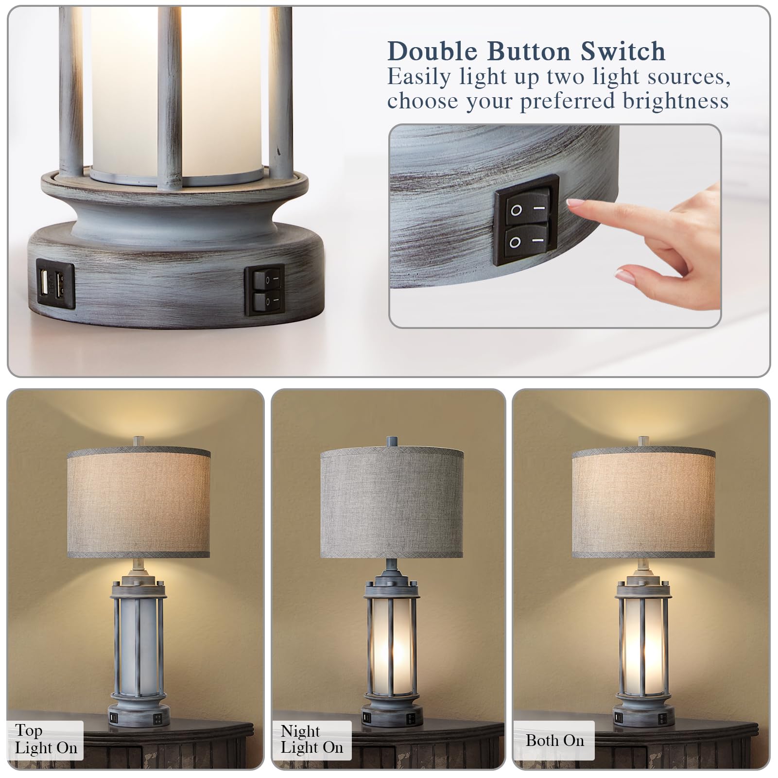 25'' Farmhouse Table Lamp With 2 Usb Charging Ports, Rustic Vintage Nightstand Lamp With Frosted Glass Nightlight, Retro Desk La