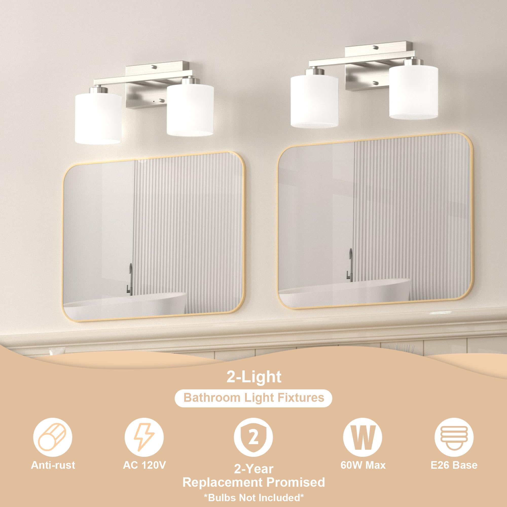 Honesorn Bathroom Vanity Light, 2-Light Brushed Nickel, Modern Design, Frosted Shade, Wall Mounted, Model TK-JQD-MS-YS-2