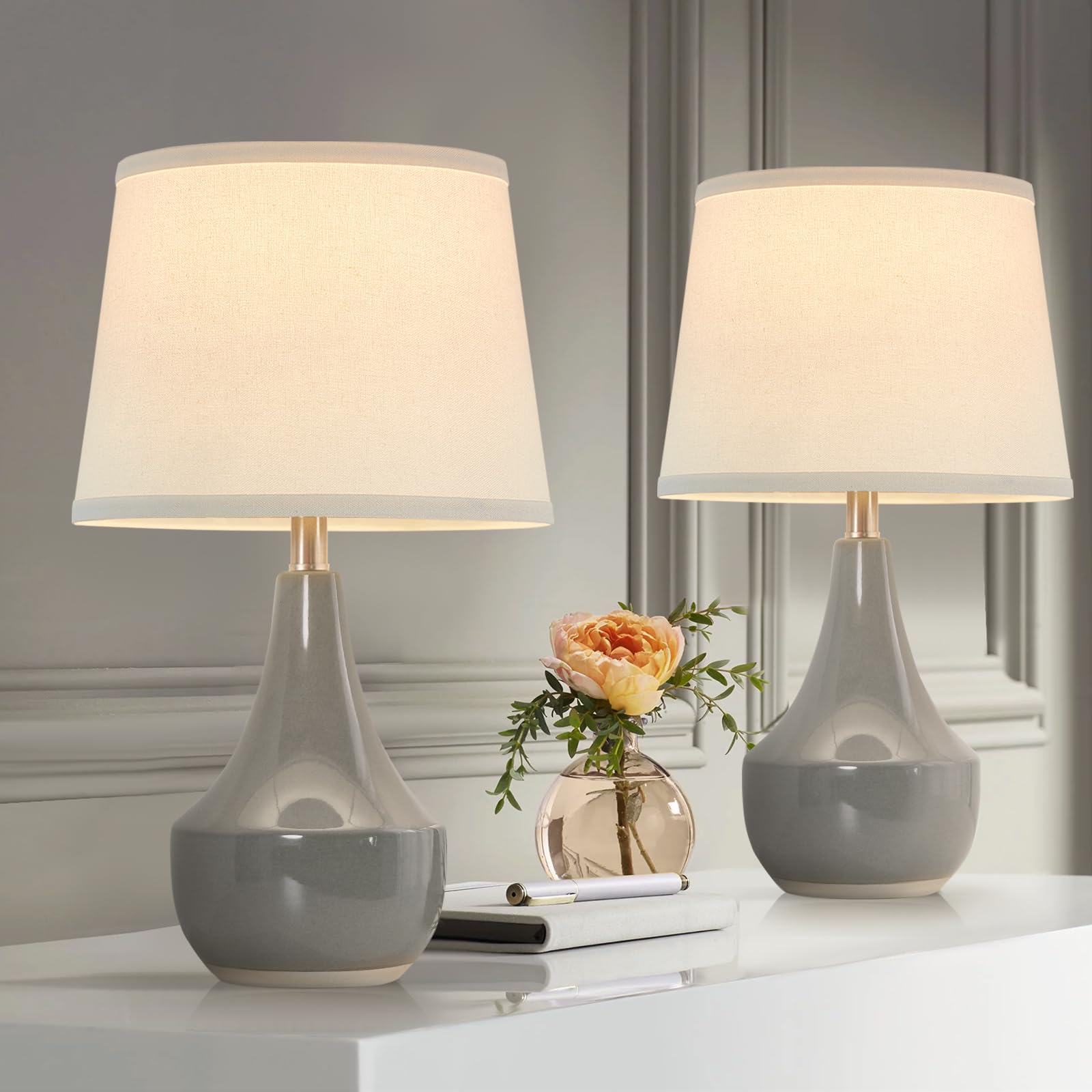 Gyrovu Grey Ceramic Table Lamp Set Of 2 With White Lampshade & Led Bulbs For Living Room & Bedroom