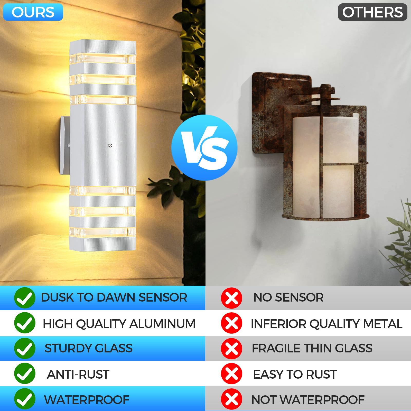 Dariisi Dusk To Dawn Modern Exterior Up And Down Outdoor Wall Lights, 2 Pack White Sconces For Garage Patio & Porch