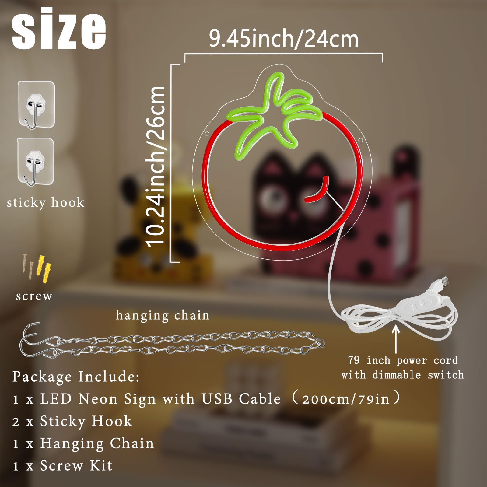 Tomato Neon Sign For Wall Decor,Cute Fruit Led Neon Light 9.4 * 10.2 Inch Dimmable Usb Kawaii Small Tomato Light Up Sign For Boy