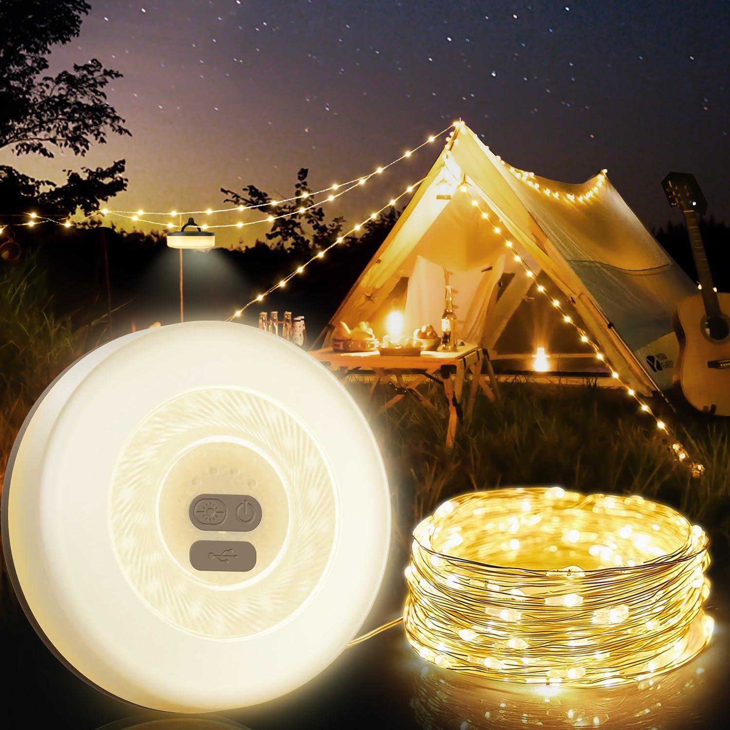 MORIKO 2-in-1 USB Rechargeable Camping String Lights - 33FT Fairy Lights, Light Yellow, 7 Modes, Portable Lantern for Tent and Yard