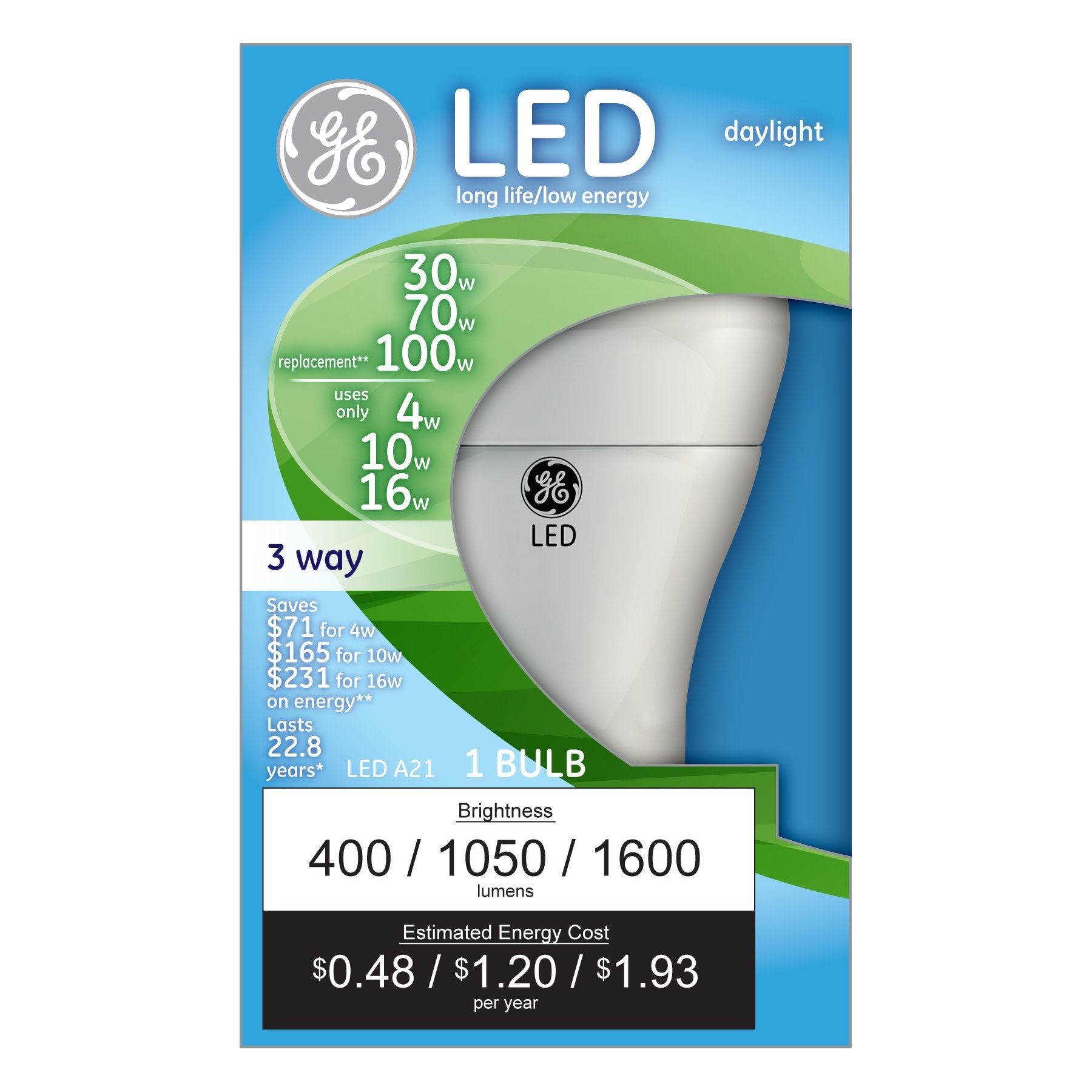 Ge Lighting, Daylight, 92118 3-Way Led 30/70/100-Watt Replacement A21 Bulb With Medium Base, 1-Pack, 1 Count (Pack Of 1)