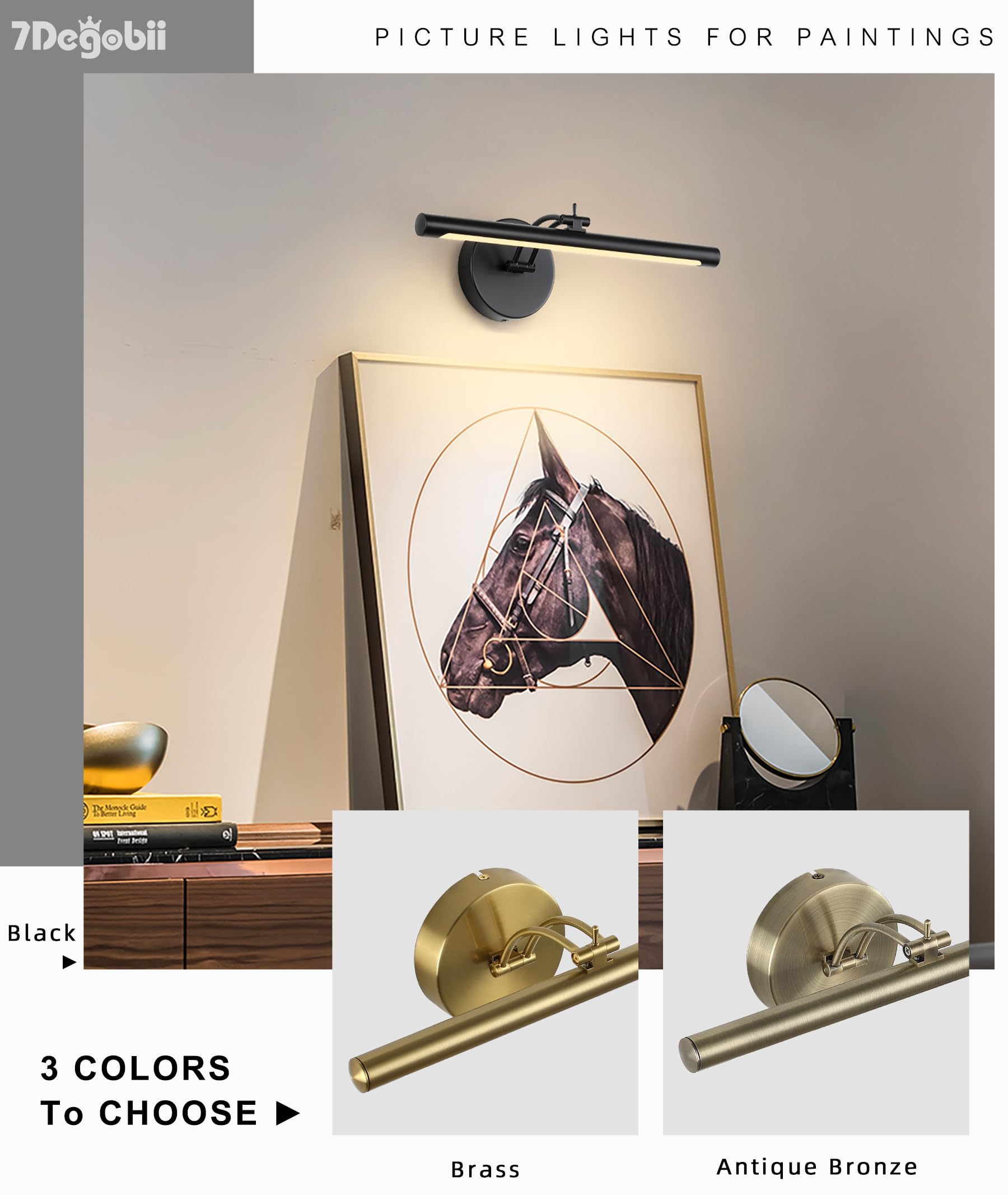 7Degobii Hard Wired Picture Light Dimmable Adjustable Swing Arm Black Wall Lights For Pictures 15.75 Inch Long Led Display Light For Artwork 7W 3000K