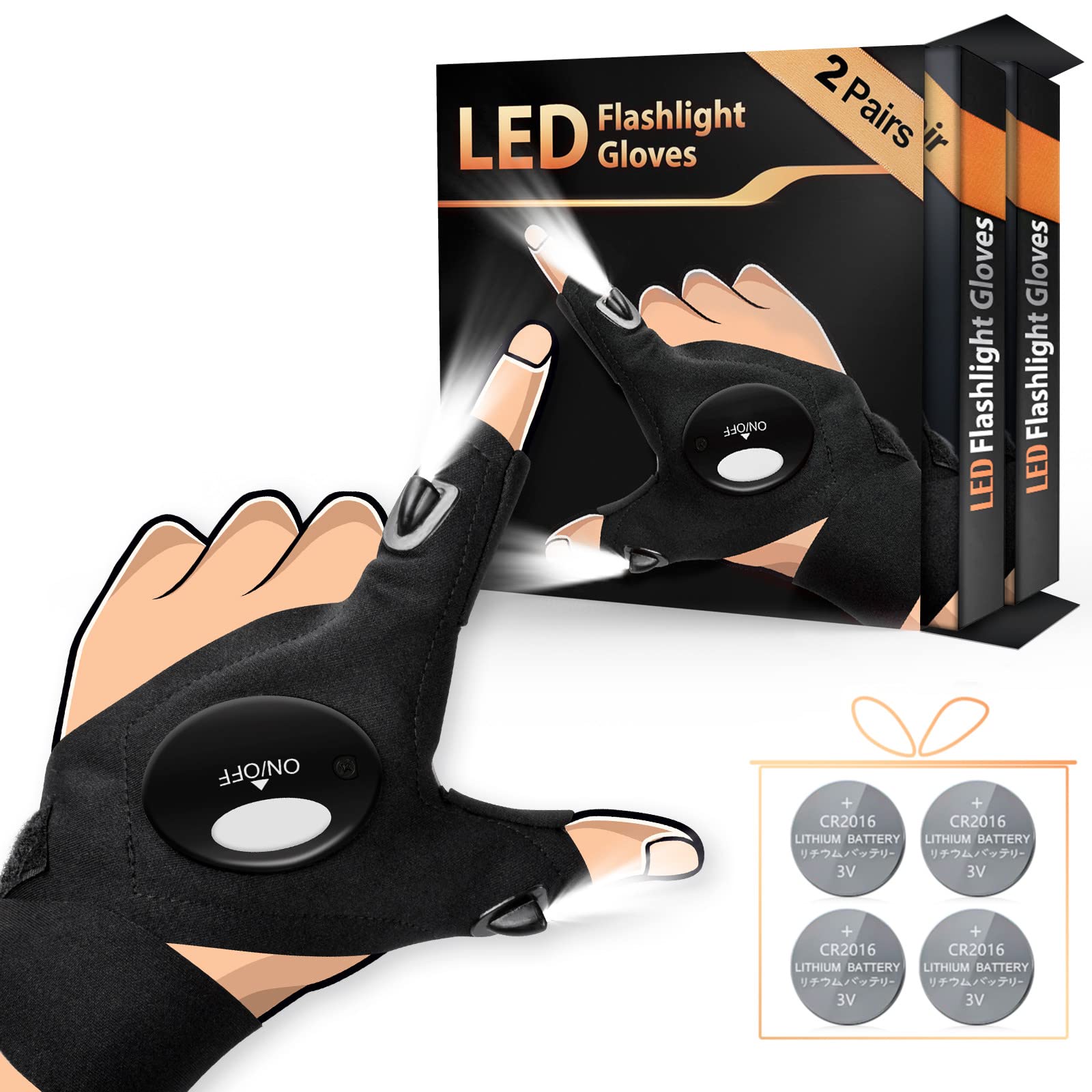 HANPURE LED Flashlight Gloves 2 Pack with Replaceable Batteries, Black, Rechargeable, Model YU-GLV-S, Ideal for Christmas Gifts