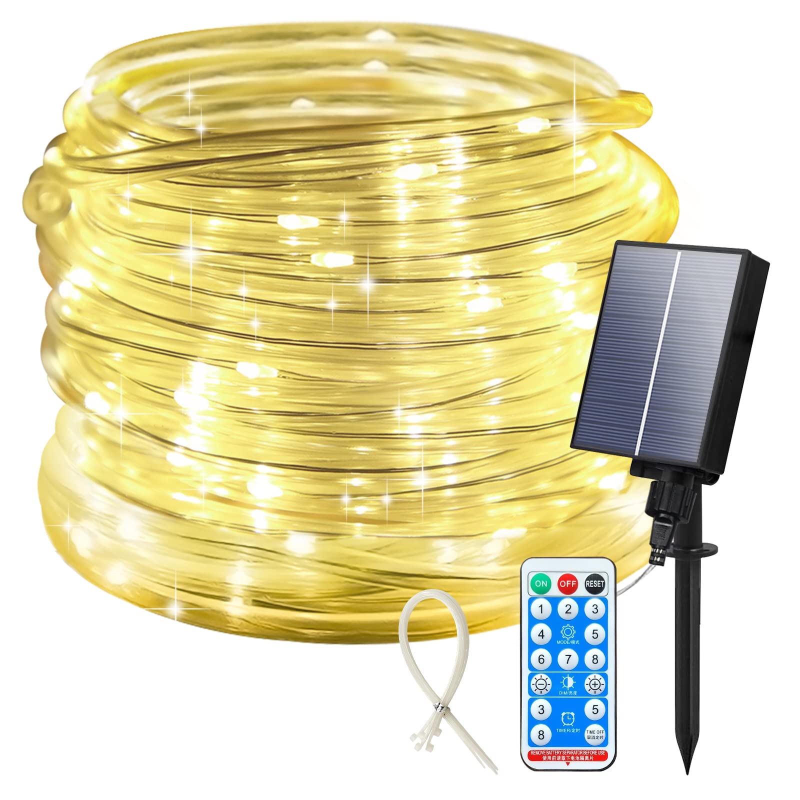 ICRGB Solar Rope Lights, 66FT 200 LED, IP67 Waterproof, 8 Modes, Warm White, Model Solar - 3, Decorative for Outdoor Use