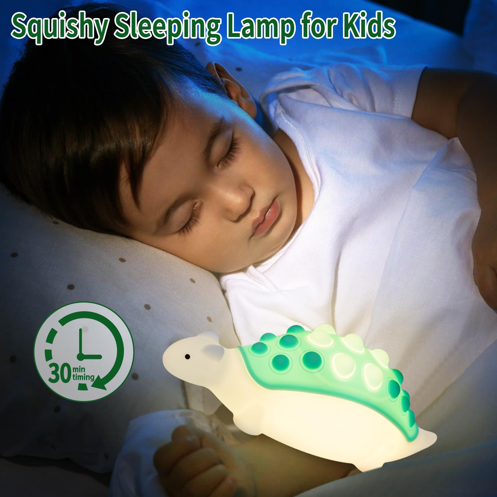 SALUOKE Dinosaur Kids Night Light,Silicone Nursery Dino Lamp with Pop Bubble,7 Nightlight Modes Rechargeable Bedside Touch,Baby