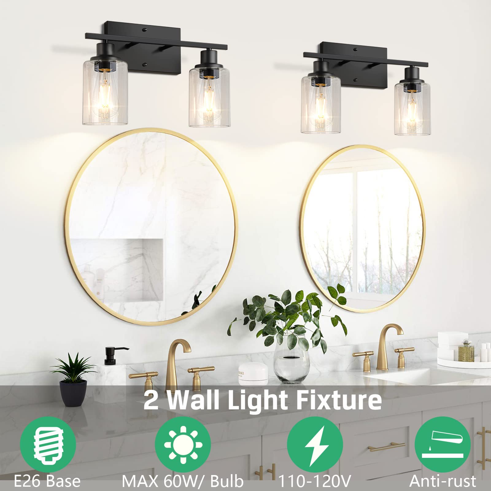 Shinetech 2-Light Bathroom Vanity Light Fixtures, Modern Wall Lighting With Clear Glass Shade, Matte Black Finished Wall Sconce