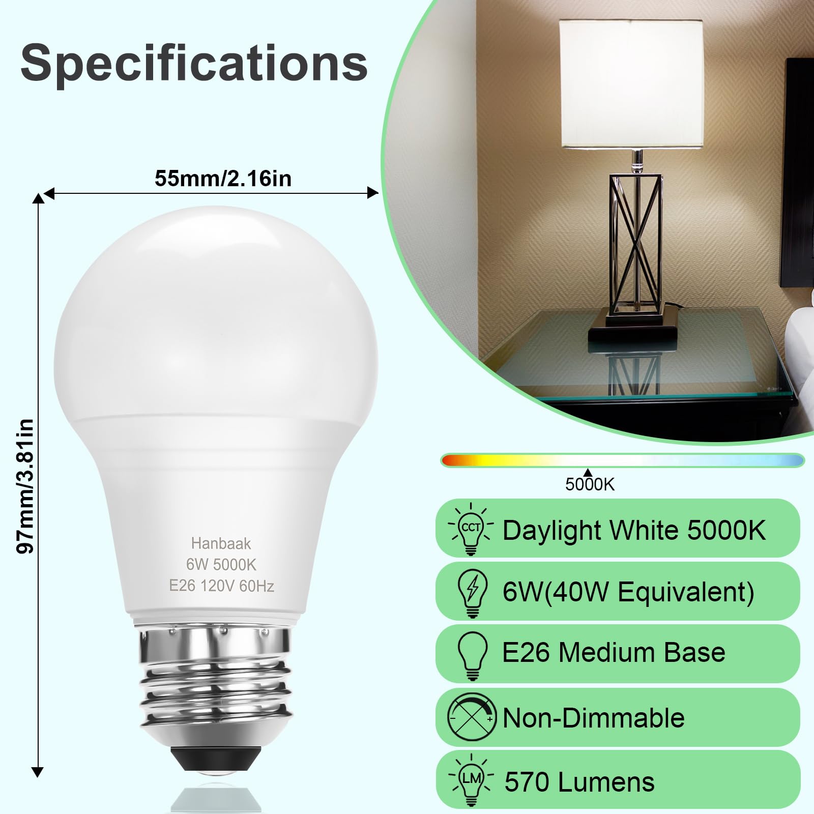 Hanbaak E26 Led Bulb, 40W Equivalent Light Bulb, 6W Medium Screw Base Bulb, Non-Dimmable, Daylight White 5000K 4 Packs