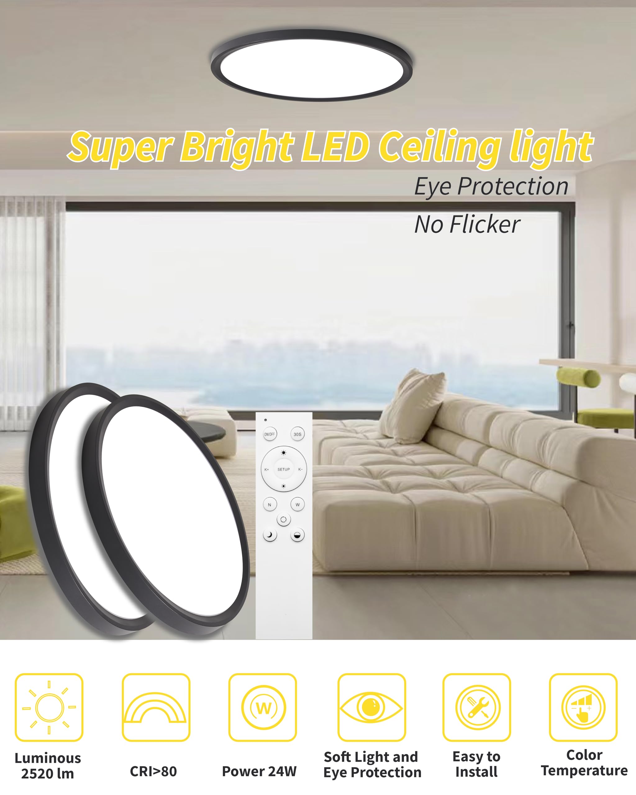 Bright Future Lighting 4-Pack Remote Control Dimmable LED Ceiling Light, 12 Inch, 24W, 2700K-6000K, Black