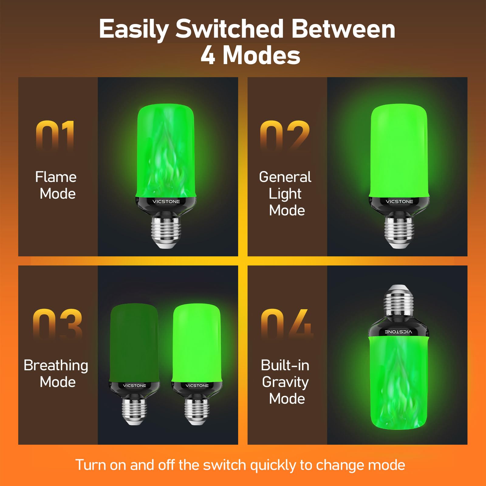 Vicstone Upgraded Led Flame Light Bulbs, 4-Mode Flickering Light Bulbs With Upside Down Effect, E26 27 Fire Light Bulb For Porch