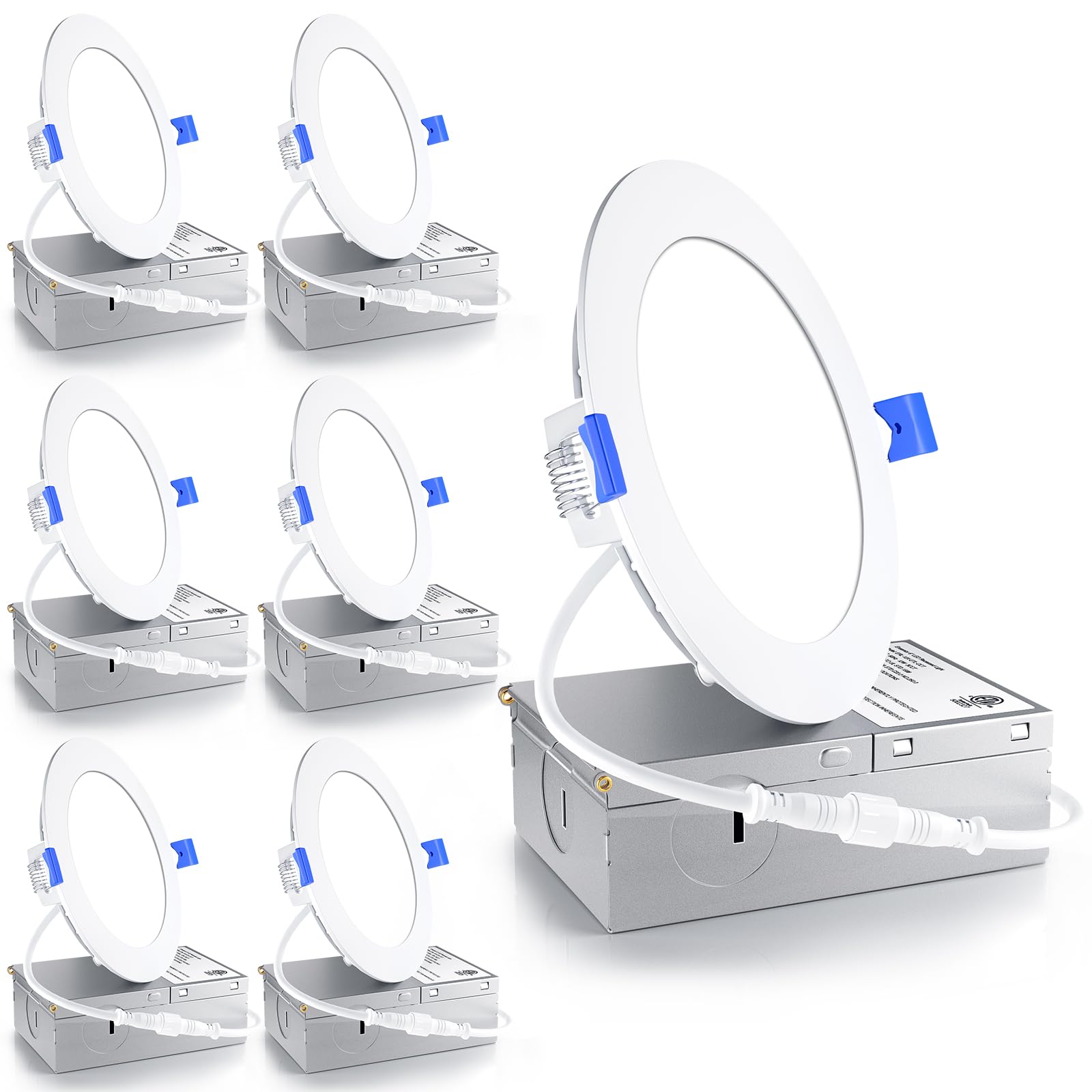 Ensenior 6 Pack 4 Inch LED Recessed Light, Dimmable, 6000K Clear White, 750LM High Brightness, 9W 120V, Damp Rated, Ultra-Thin C