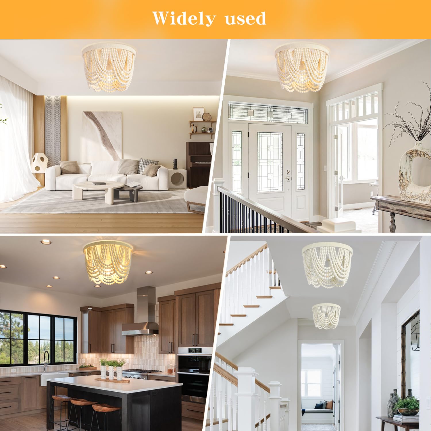 Wuhuyipi Boho Wood Beaded Chandelier,Led Flush Mount Ceiling Light,Farmhouse Rustic White Hemp Rope Chandeliers Fixture For Bedr
