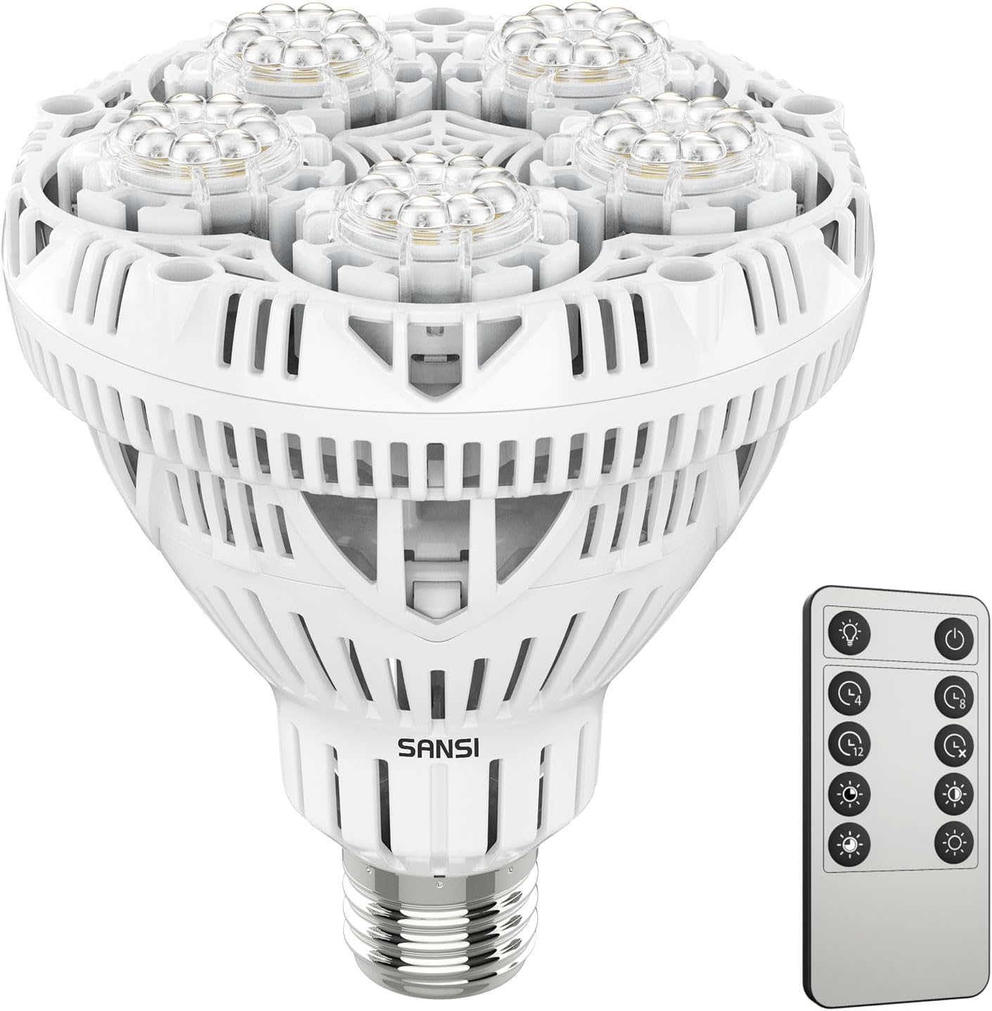 SANSI Dimmable Grow Light Bulb Full Spectrum, High PPFD 30W Grow Bulb (450 Watt Equiv) with Remote, Auto On Off Timing 4 8 12 Hr