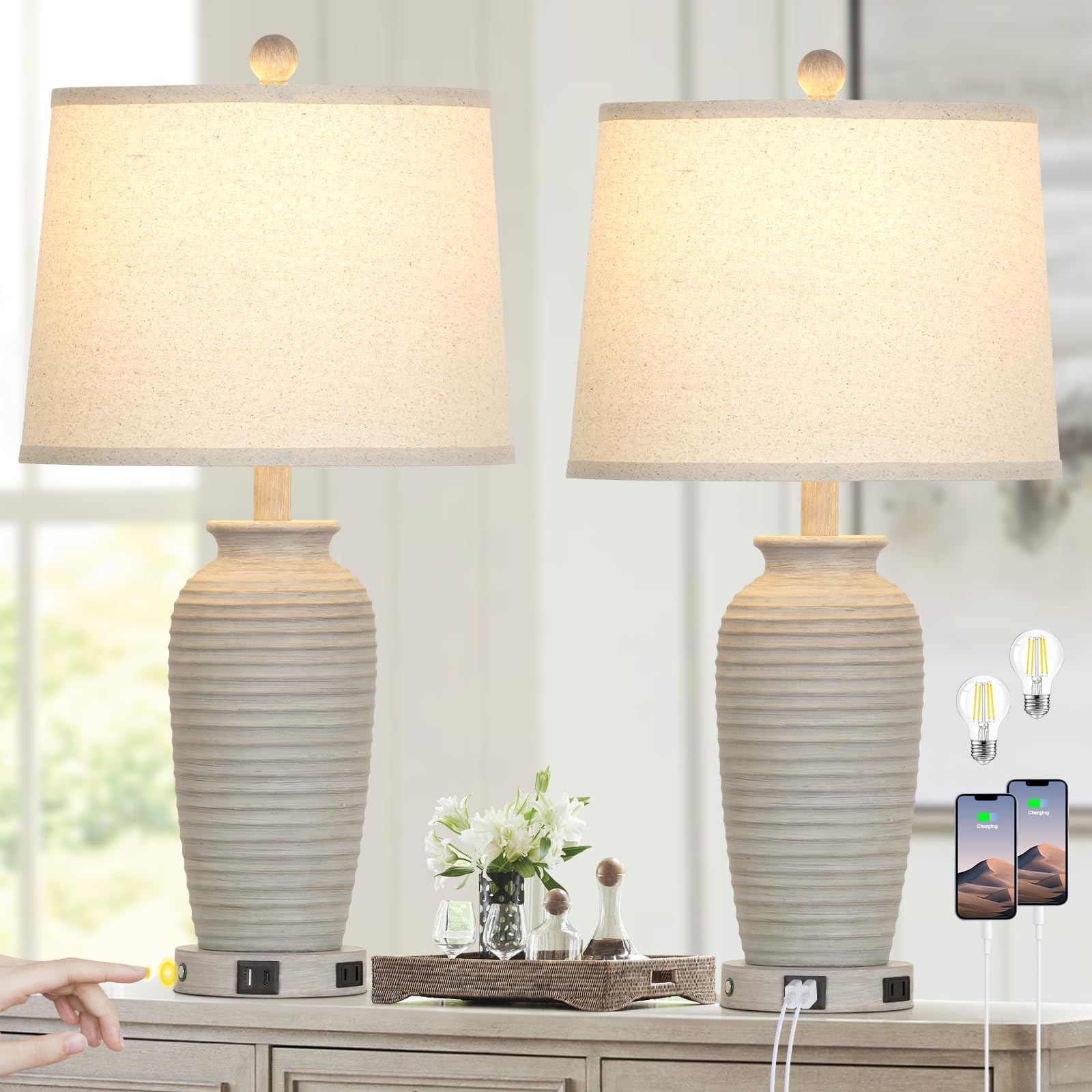 CINSARY 25in Farmhouse Table Lamps Set of 2, Touch Control, Light Gray, USB Ports, AC Outlet, LED Bulbs Included