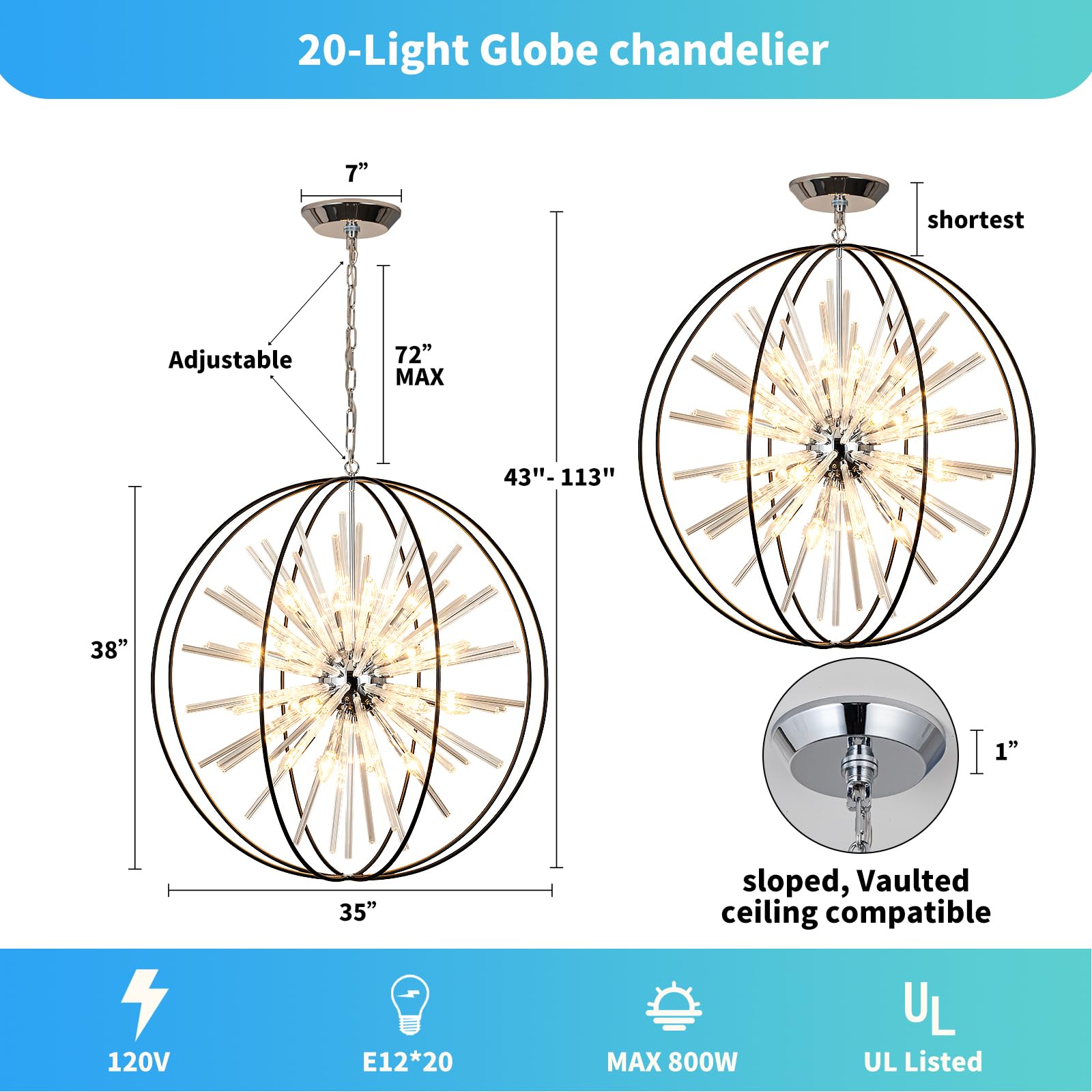Vezzio 35" Large Black Crystal Globe Chandelier, 20-Light Modern Design for High Ceilings, Metal Construction, Model ZJ-045