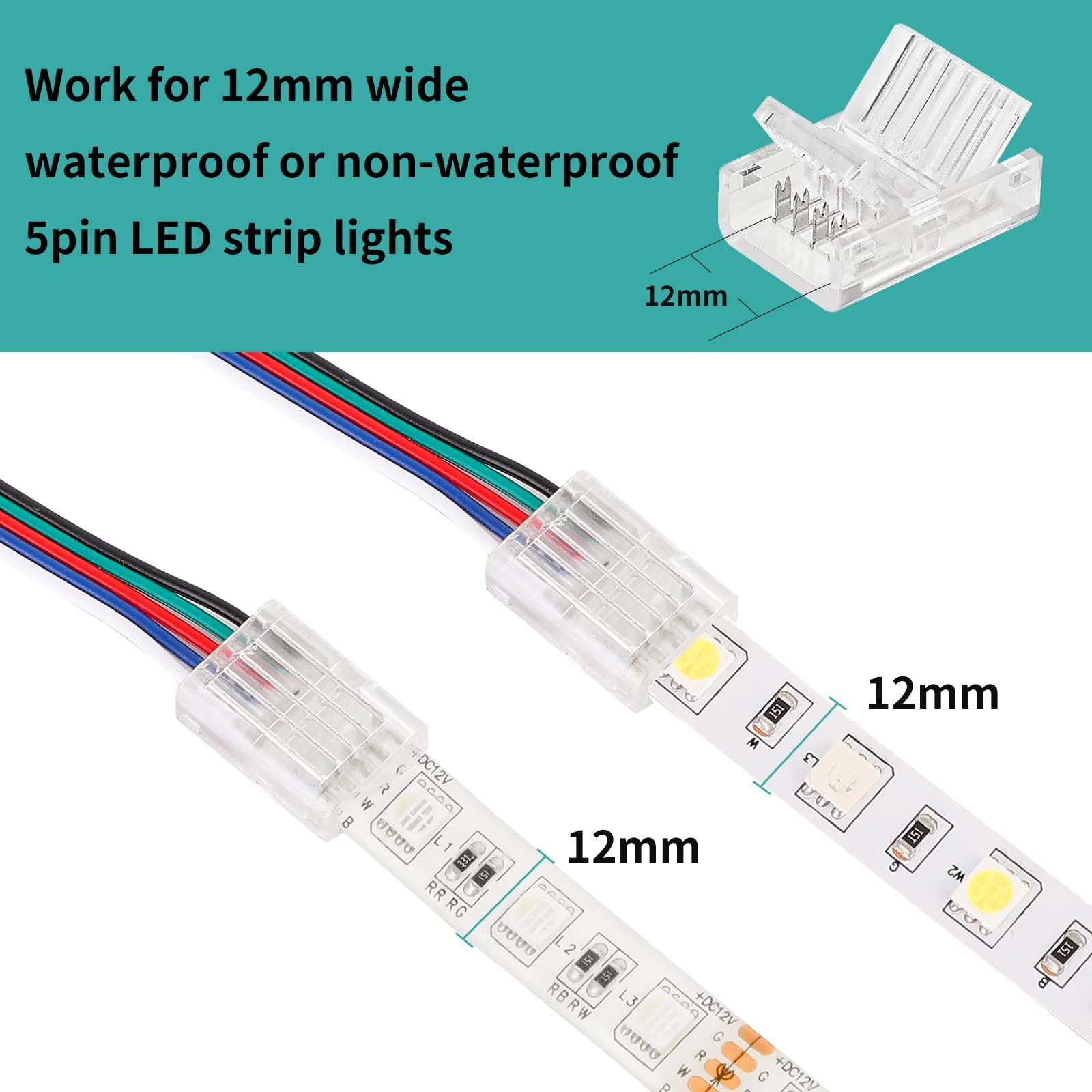Homelylife 5 Pin Led Strip Connectors 12Mm Solderless 10 Pcs With 16.4Ft Extension Cable 5 Conductor For Waterproof Or Non-Water