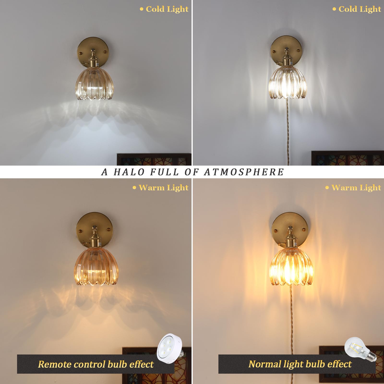 Shenmoyl Wall Sconce, Amber Tulip Glass Lampshade, Plugin Size, Model 1-9336