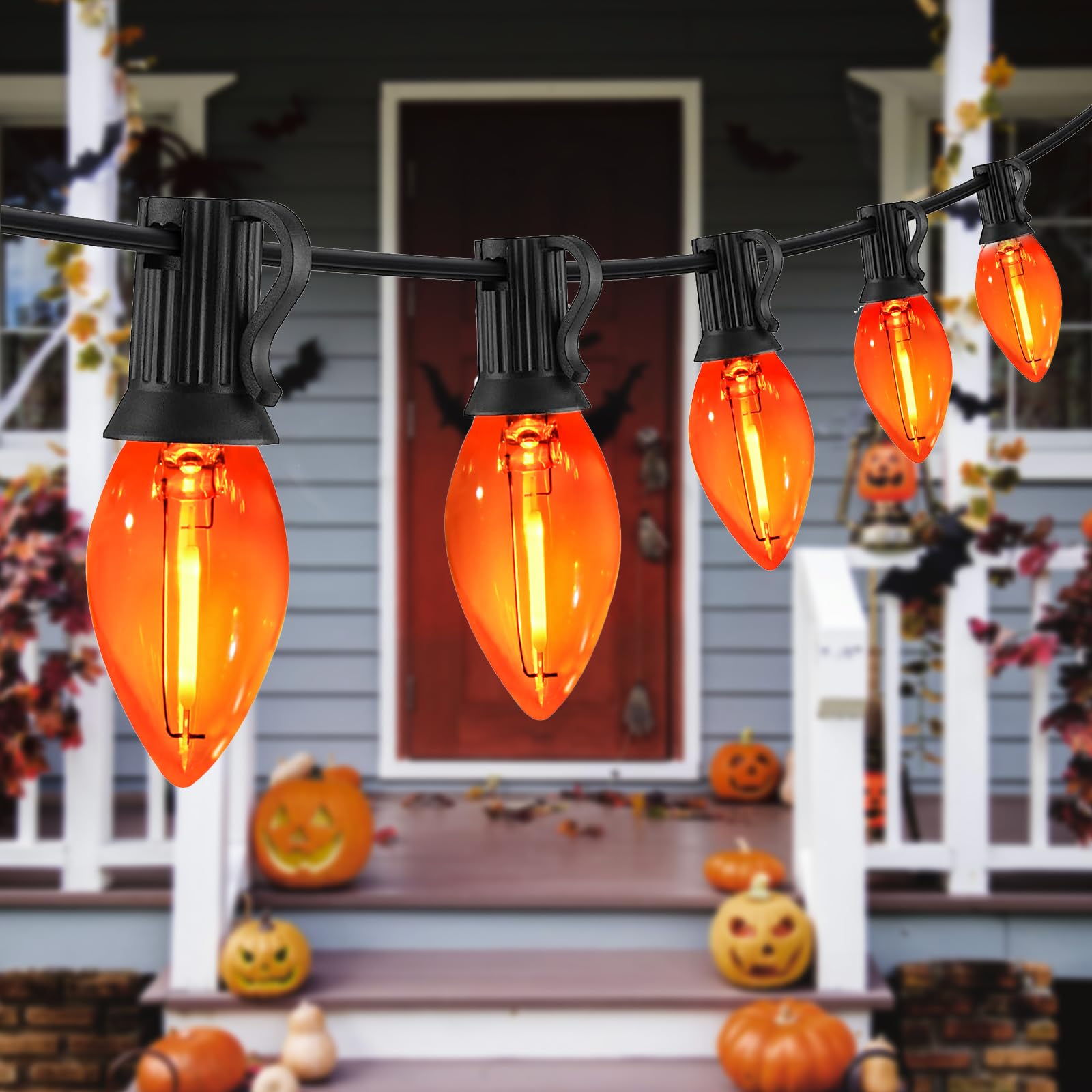 Chyparty C7 Orange Halloween Lights Outdoor  25Ft Led String Lights With 25 Bulbs  Waterproof Fall Thanksgiving Decor For Patio  Fence  Tree  Party