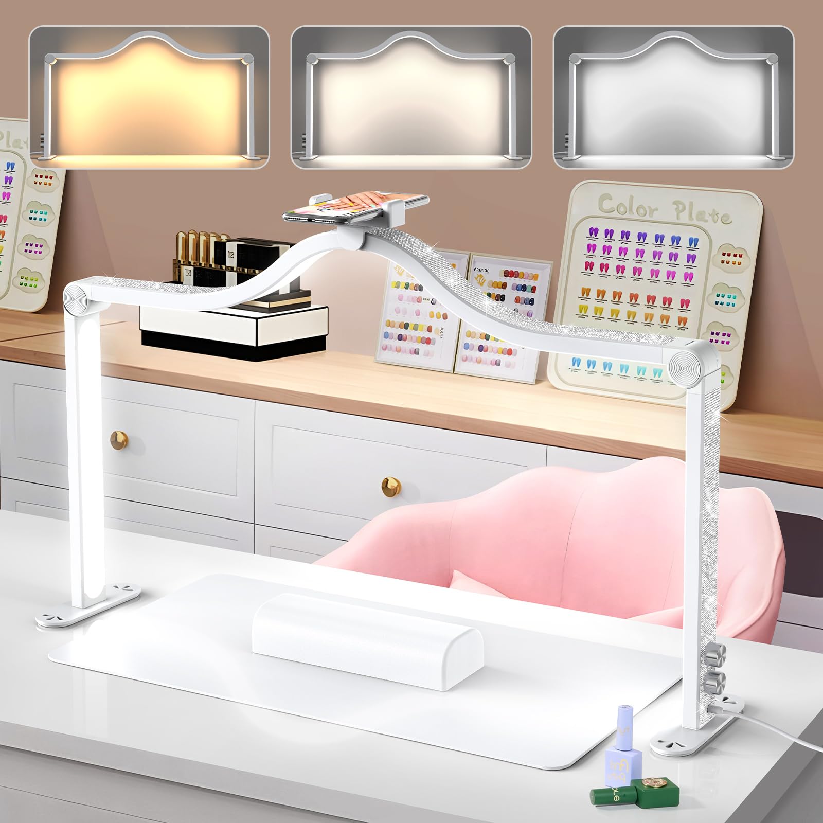 Yokilly Half Moon LED Desk Lamp - 34in Foldable, Stepless Brightness, Aluminum, White