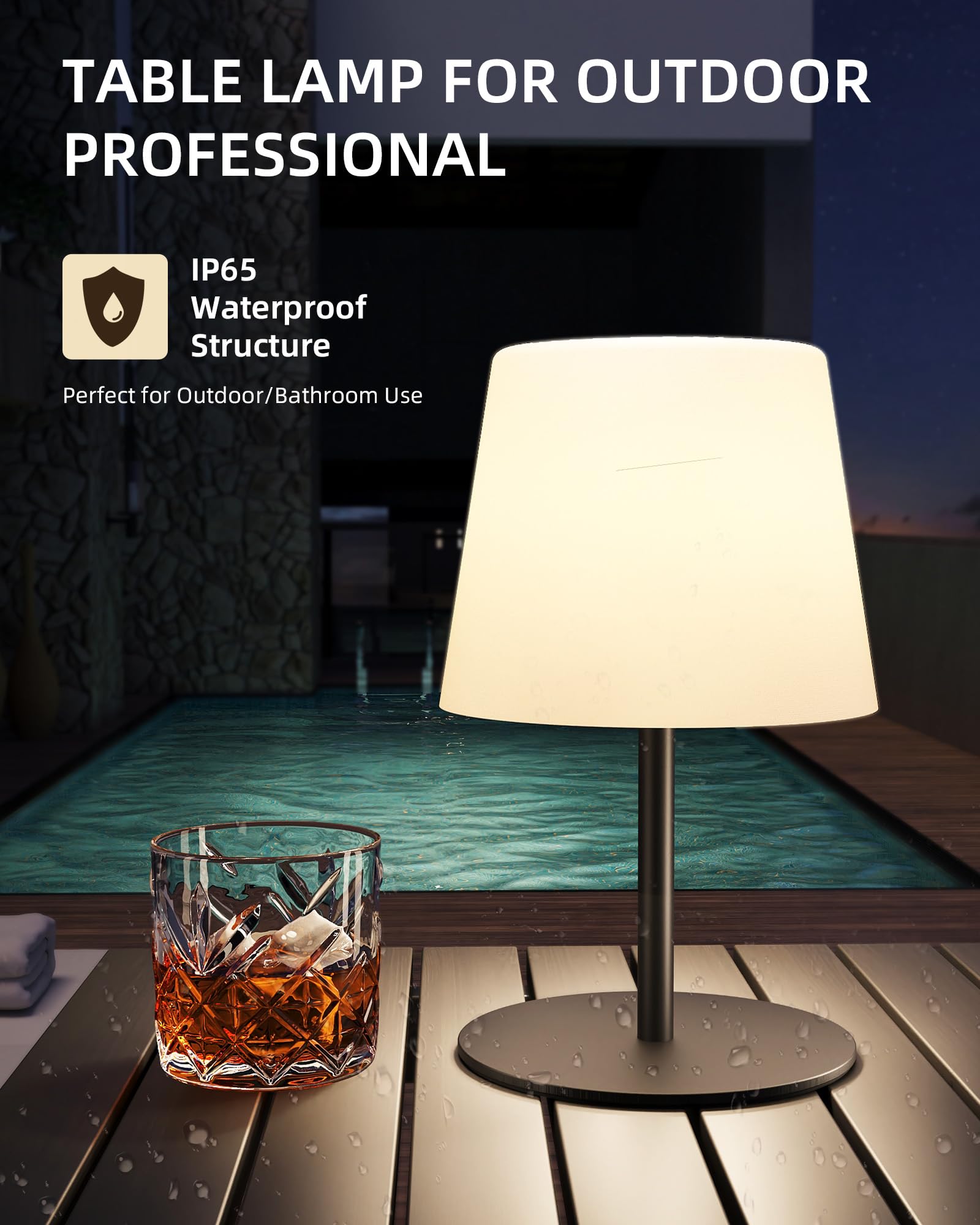 EZVALO Outdoor Cordless Table Lamp, IP65 Waterproof, Dimmable Touch, 2 Pack, Black, ABS Material
