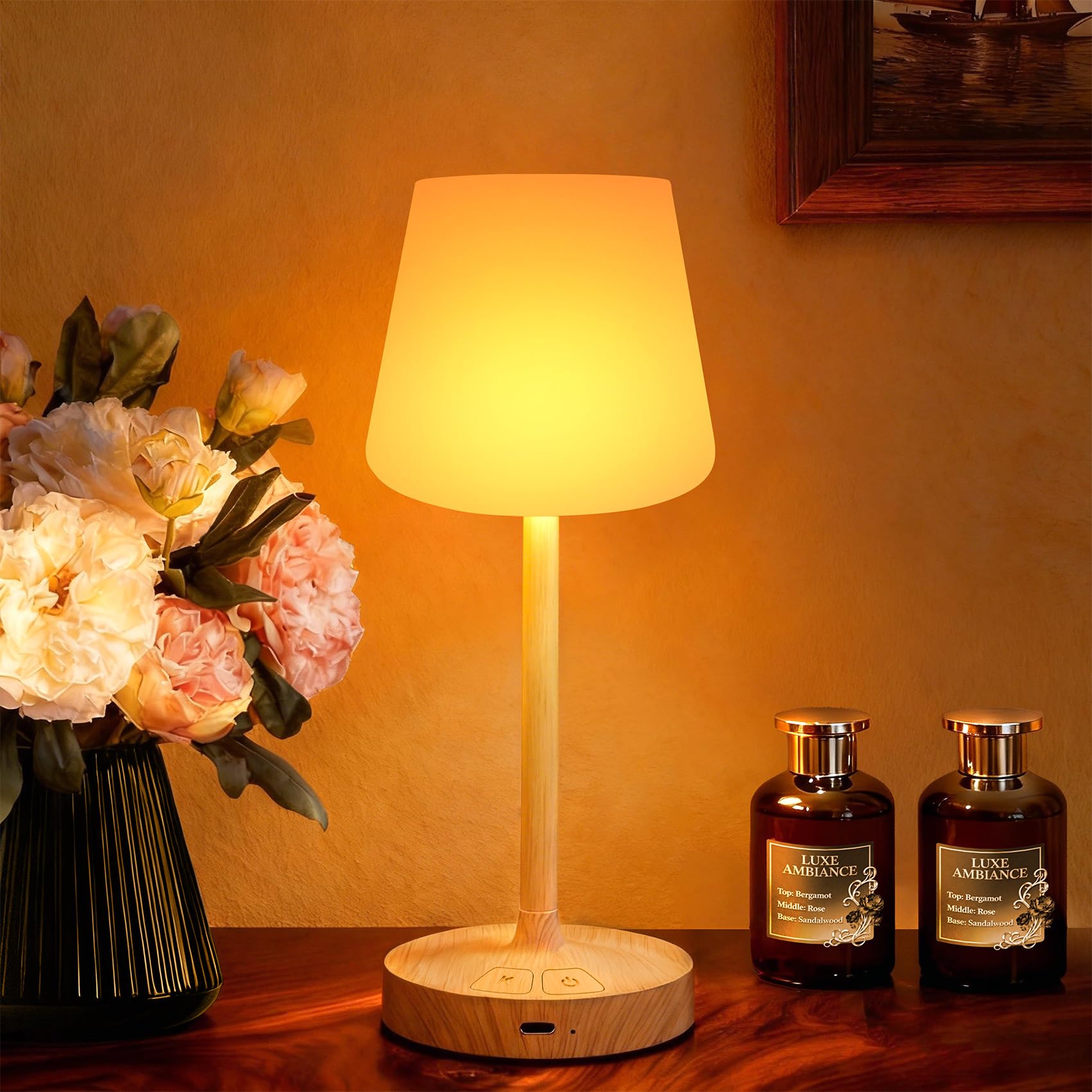BOMFLORE Small Shower Lamp Waterproof: Table Lamp with 4000mAH Battery - Rechargeable 3 Dimmable Cordless LED Lamp for Desk Bedroom Living Room Bathroom - Wood Grain Touch Light for Parents Kids
