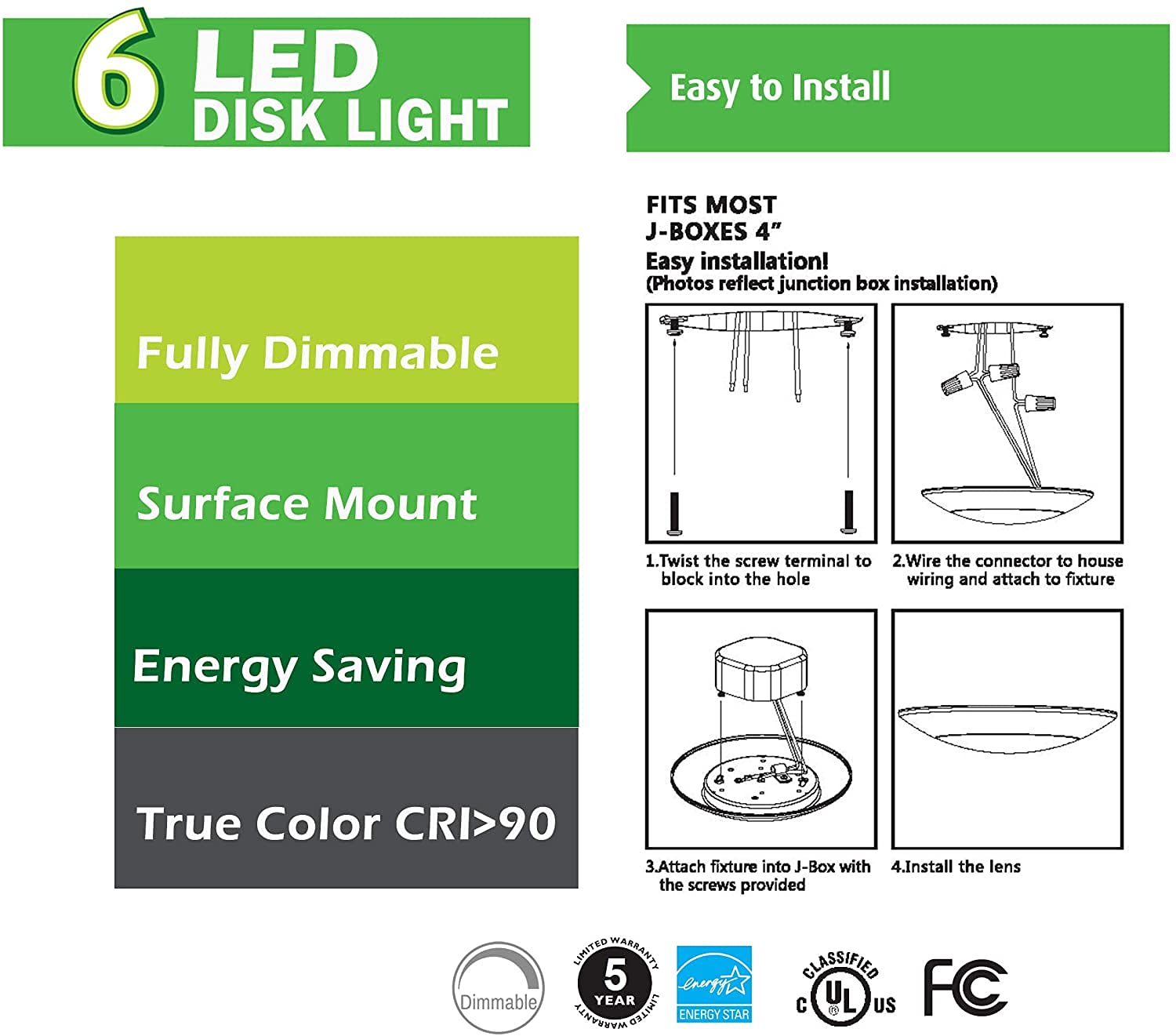 Lunabode LED Flush Mount Ceiling Light, Dimmable, 16.5W (120W Equivalent), 4/6in J-Box, Natural White, Model YT-K6