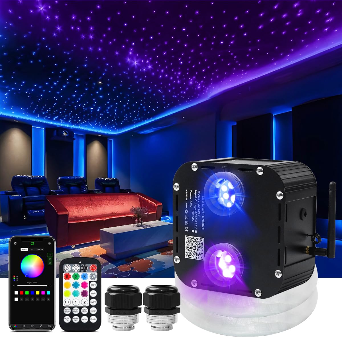AZIMOM Twinkle Fiber Optic Starlight Kit, 1800pcs 0.03in 16.4ft, Sound Activated, Bluetooth/APP Control, Black, Model QJ