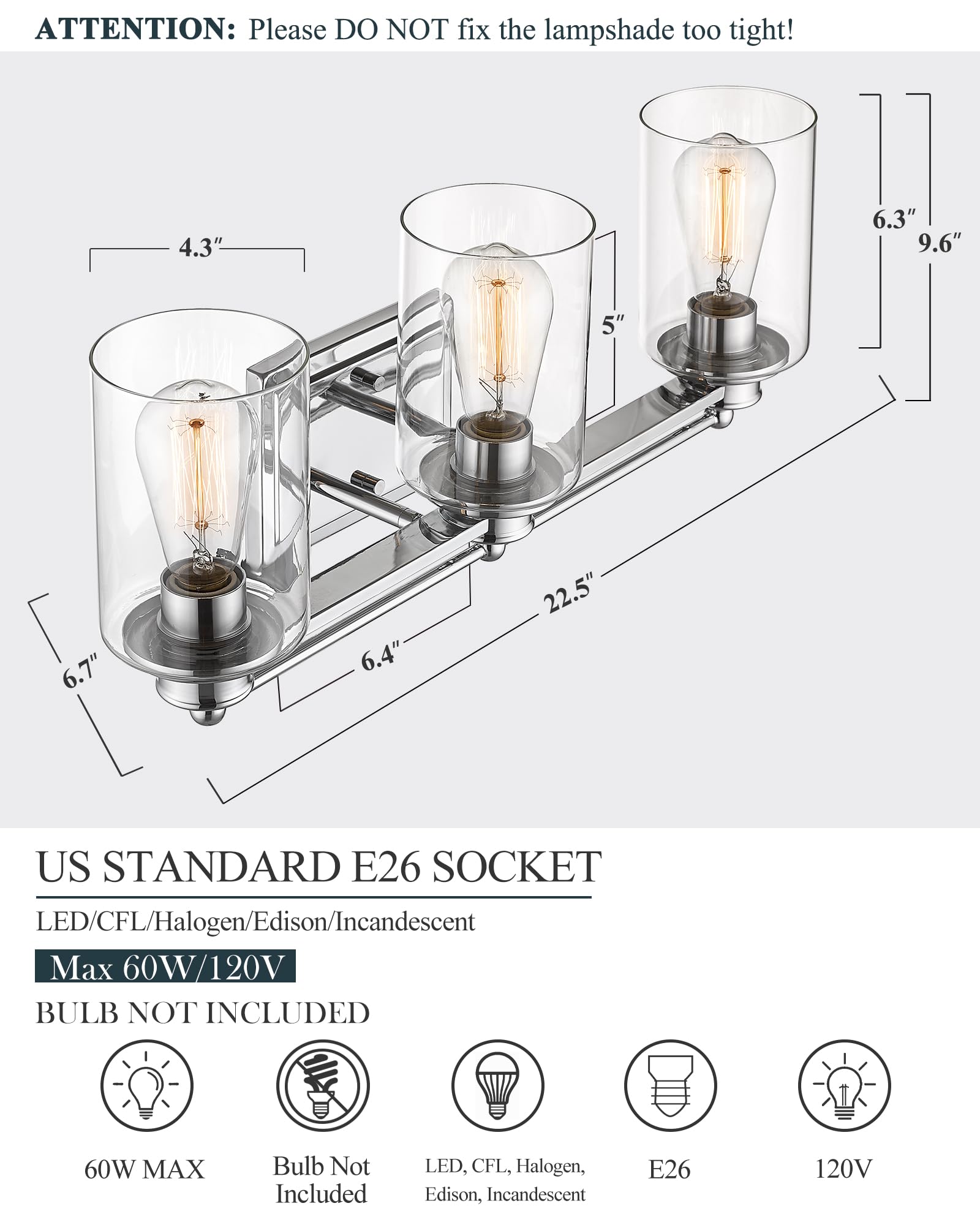 Hwh Modern Chrome Bathroom Vanity Light Fixture, 3-Light Wall Sconce Over Mirror, 5Hlt63B-3W Ch