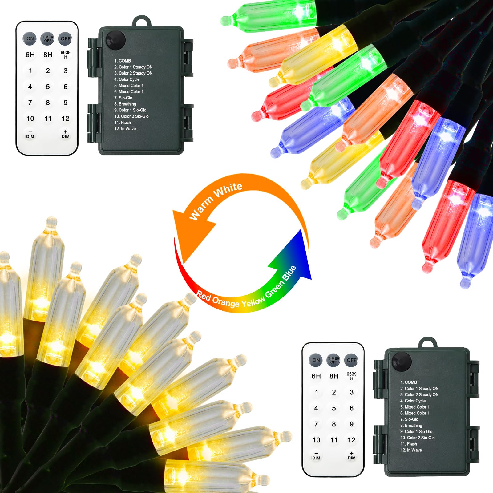 ZAIYW 2 Pack Color Changing Christmas Lights Battery Powered, 23ft 70 LED Mini String Lights with Remote, Warm White Multicolor 