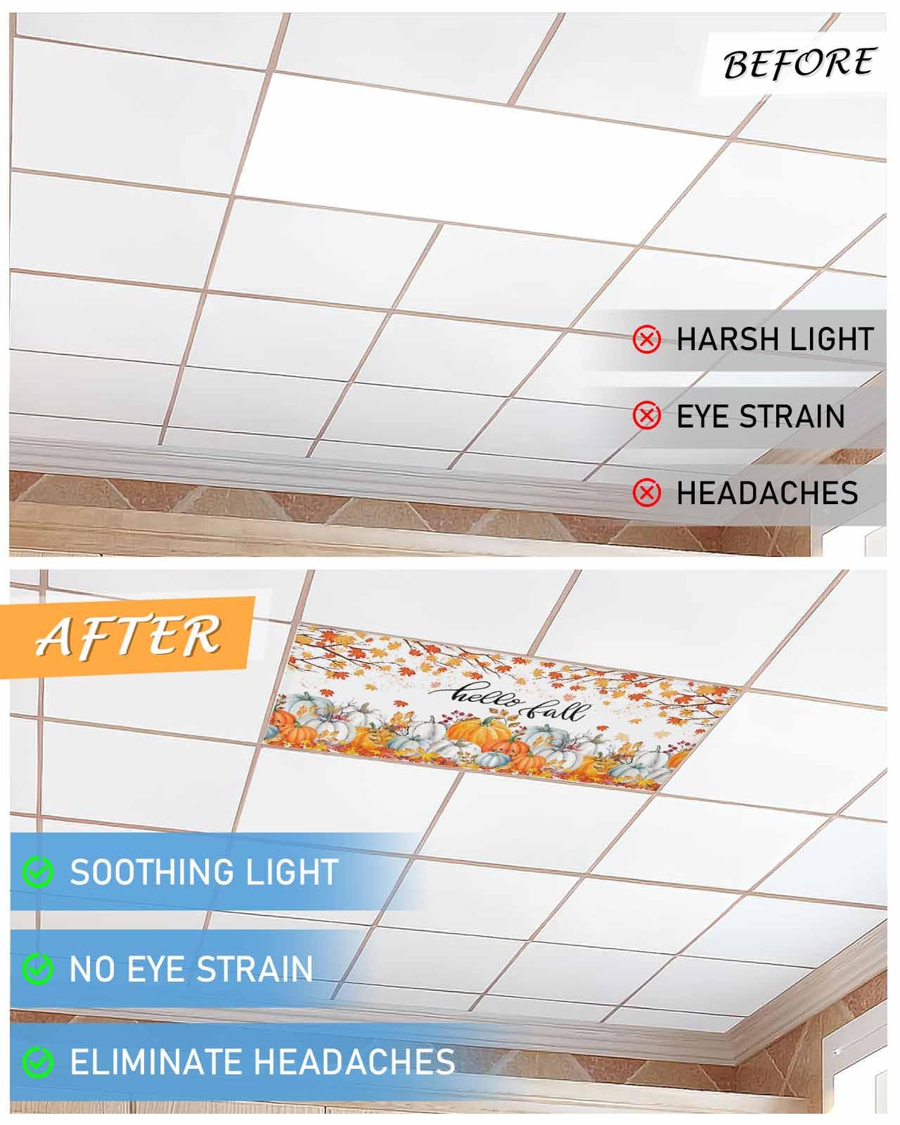 Fall Fluorescent Light Covers For Ceiling Lights Autumn Maple Leaves Magnetic Light Filters 2 Pack 4X2 Ft Orange Pumpkin Hello Fall Thanksgiving Ceiling Lights Cover For Classroom Office Drop Lamp