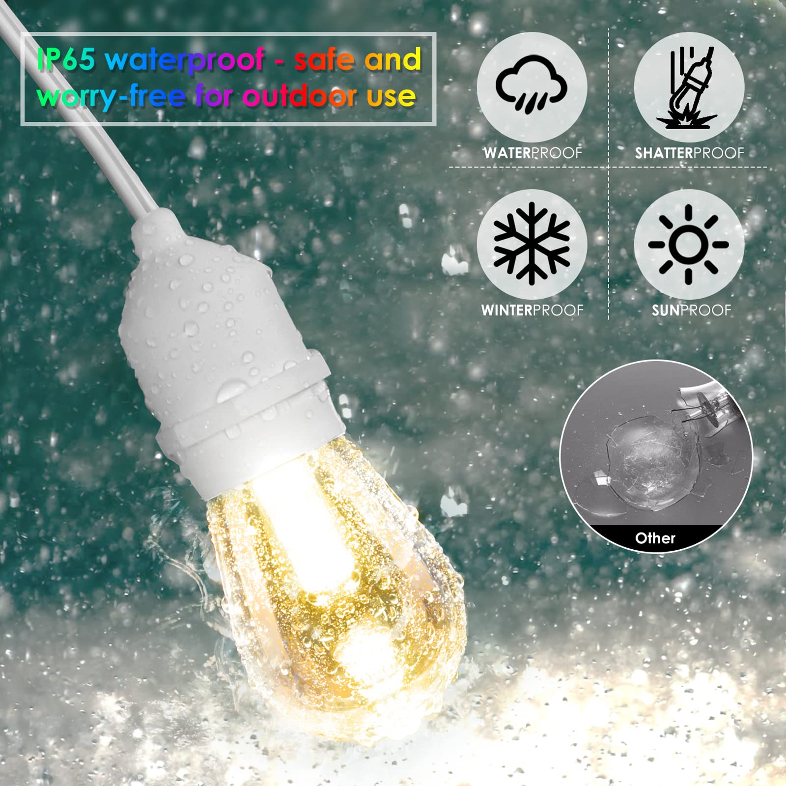 Mlambert 2 Pack RGB Outdoor Patio String Lights, 96Ft White, 30+5 E26 Shatterproof Bulbs, Dimmable for Garden, Model GLS22C2RGB