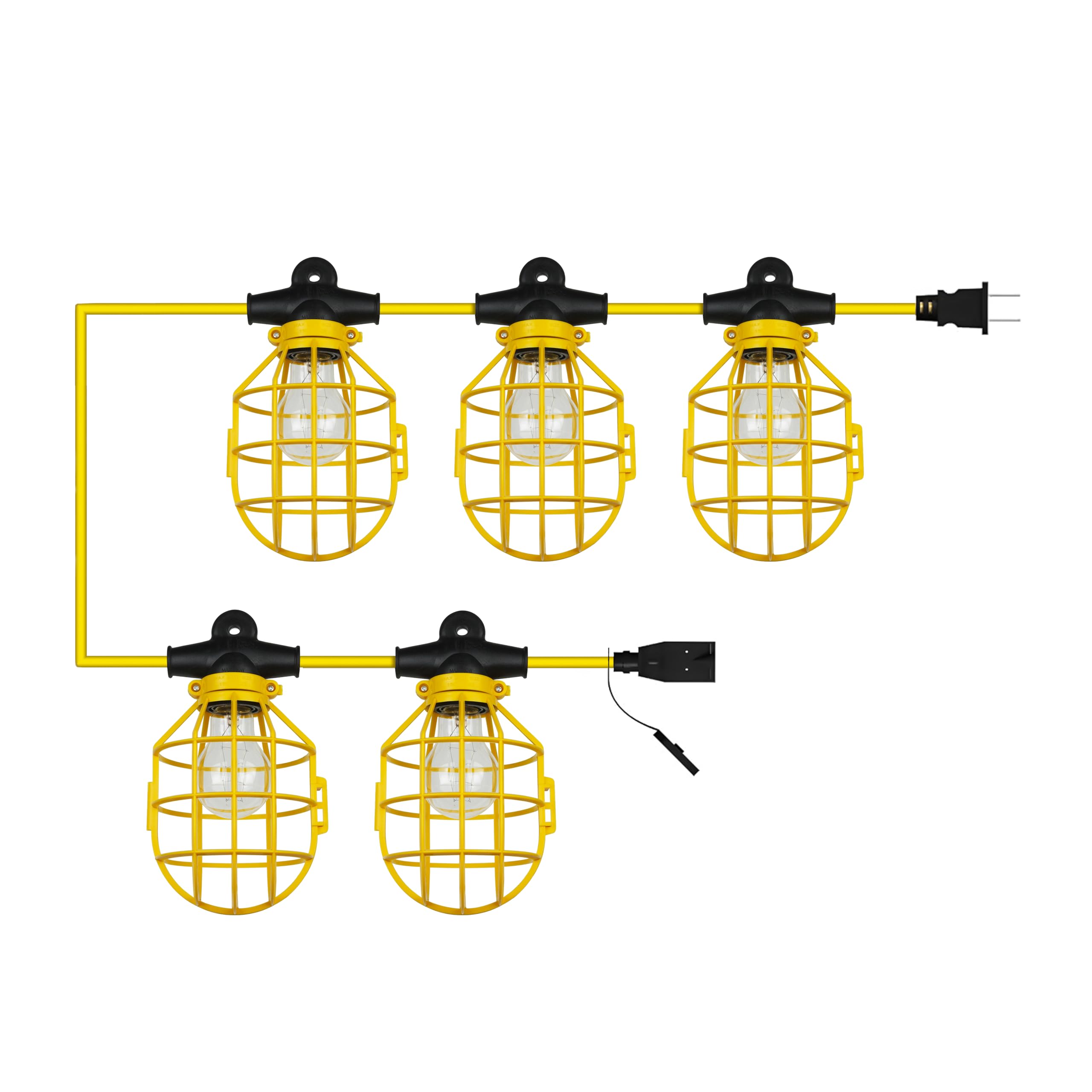 Sunlite Construction Cage String Lights, 50ft, 5 E26 Sockets, 75W Max, PVC, Yellow, Model EX50-14/2/SL, Indoor/Outdoor
