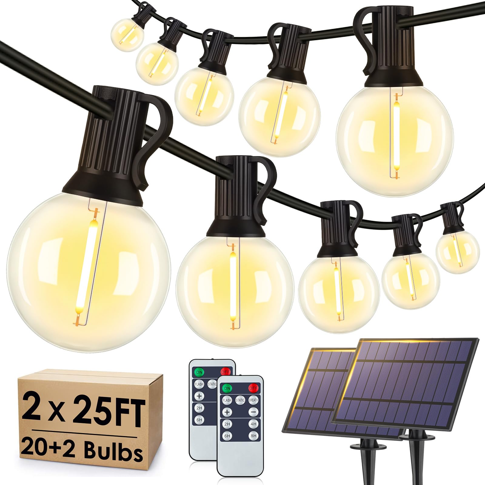 Larkvue 50FT(2x25FT) Solar String Lights Outdoor with Remote, Waterproof Dimmable 3 Modes Patio Lights with 20+2 LED G40 Bulbs f
