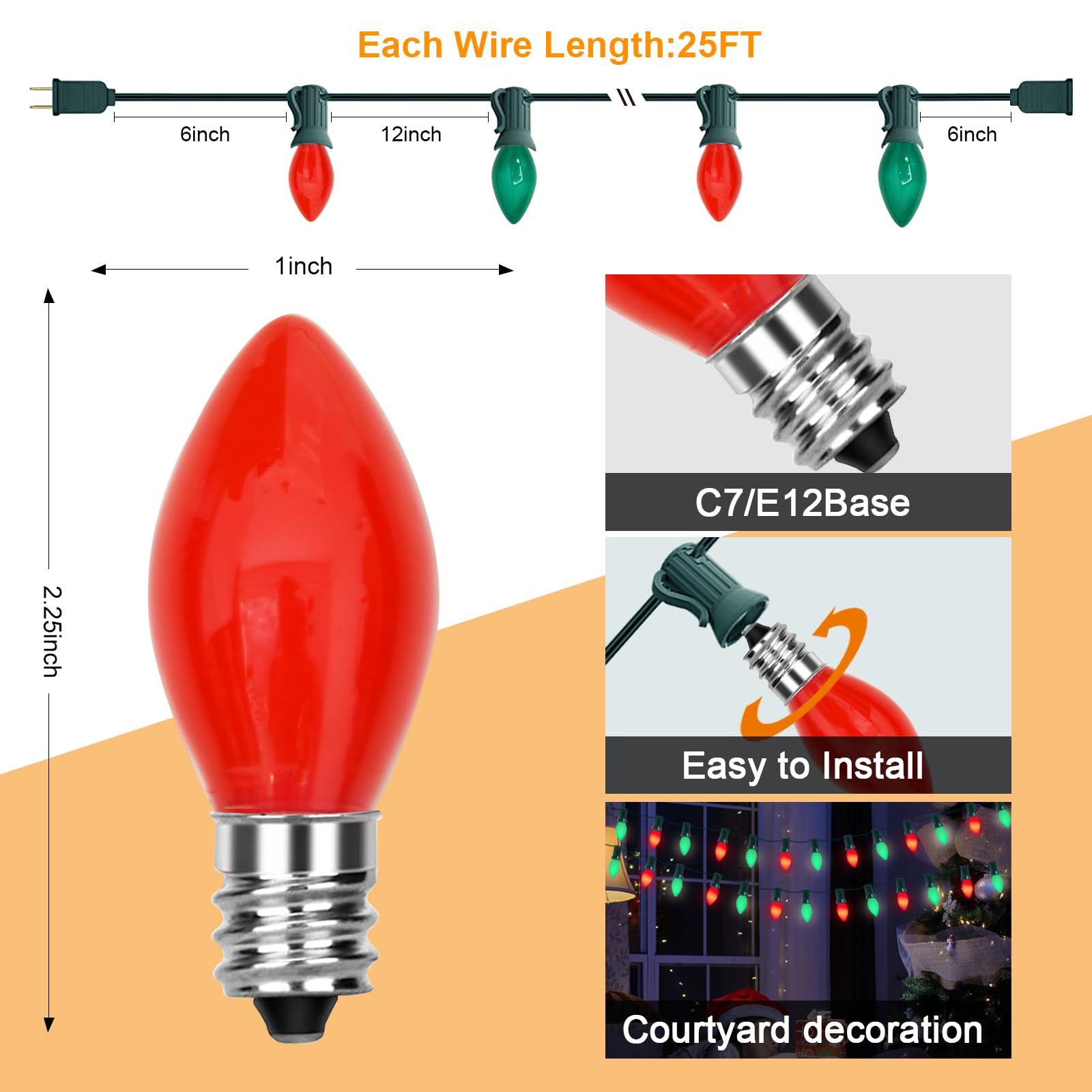 GOOTHY C7 Christmas Lights String - 25Ft Outdoor Decor with 27 Red/Green Ceramic Bulbs, Vintage Hanging Lights, Model ULP(7)-LR(25)(5W)