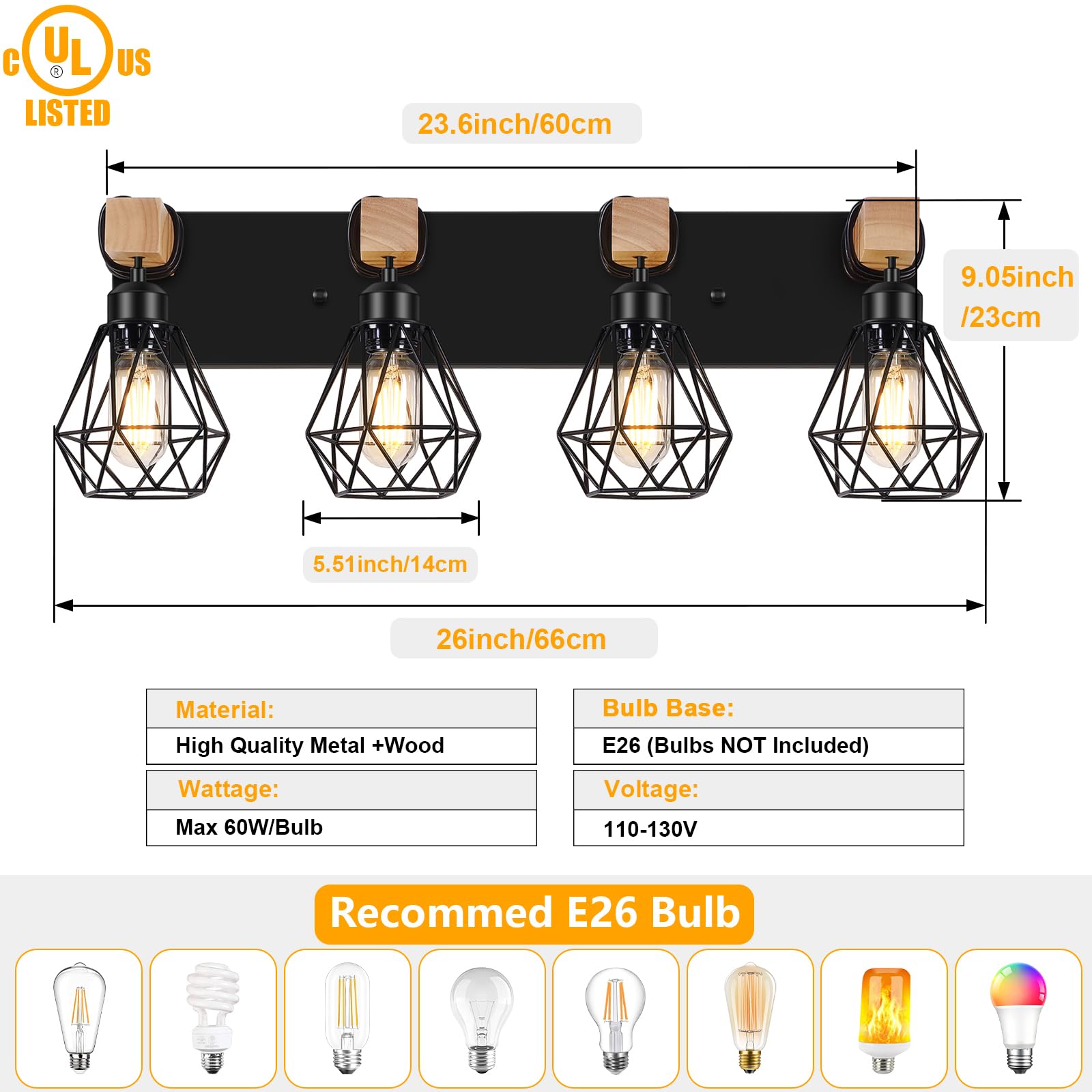 FadimiKoo 4-Light Bathroom Light Fixture, Rustic Wood & Black Metal, Model FBD-04, Over Mirror Sconce for Living Room, Bedroom, Hallway